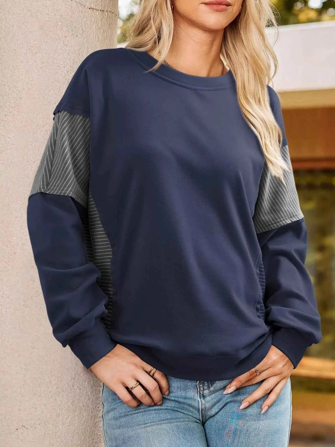 Striped Round Neck Long Sleeve Sweatshirt Navy 6213ca9a21e14647b51b7e83f35e3ce8-Max-Origin
