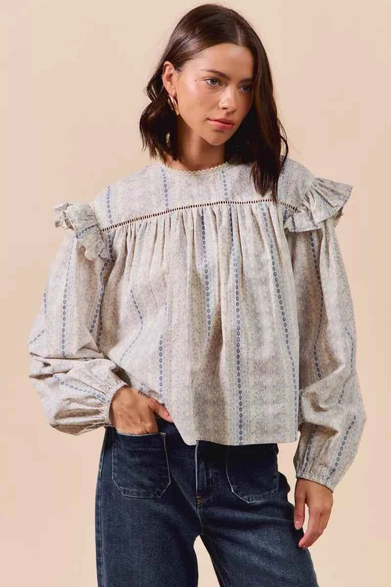 SO ME Floral Cotton Print Ruffled Long Sleeve Blouse BLUE 62236d5ed51040c7b205f3996d298edf-Max-Origin