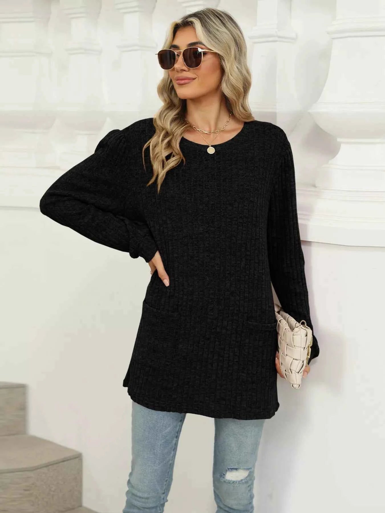 Ribbed Knit Long Sleeve T-Shirt 622d4e92e0e04915a17858976f33da28-Max-Origin