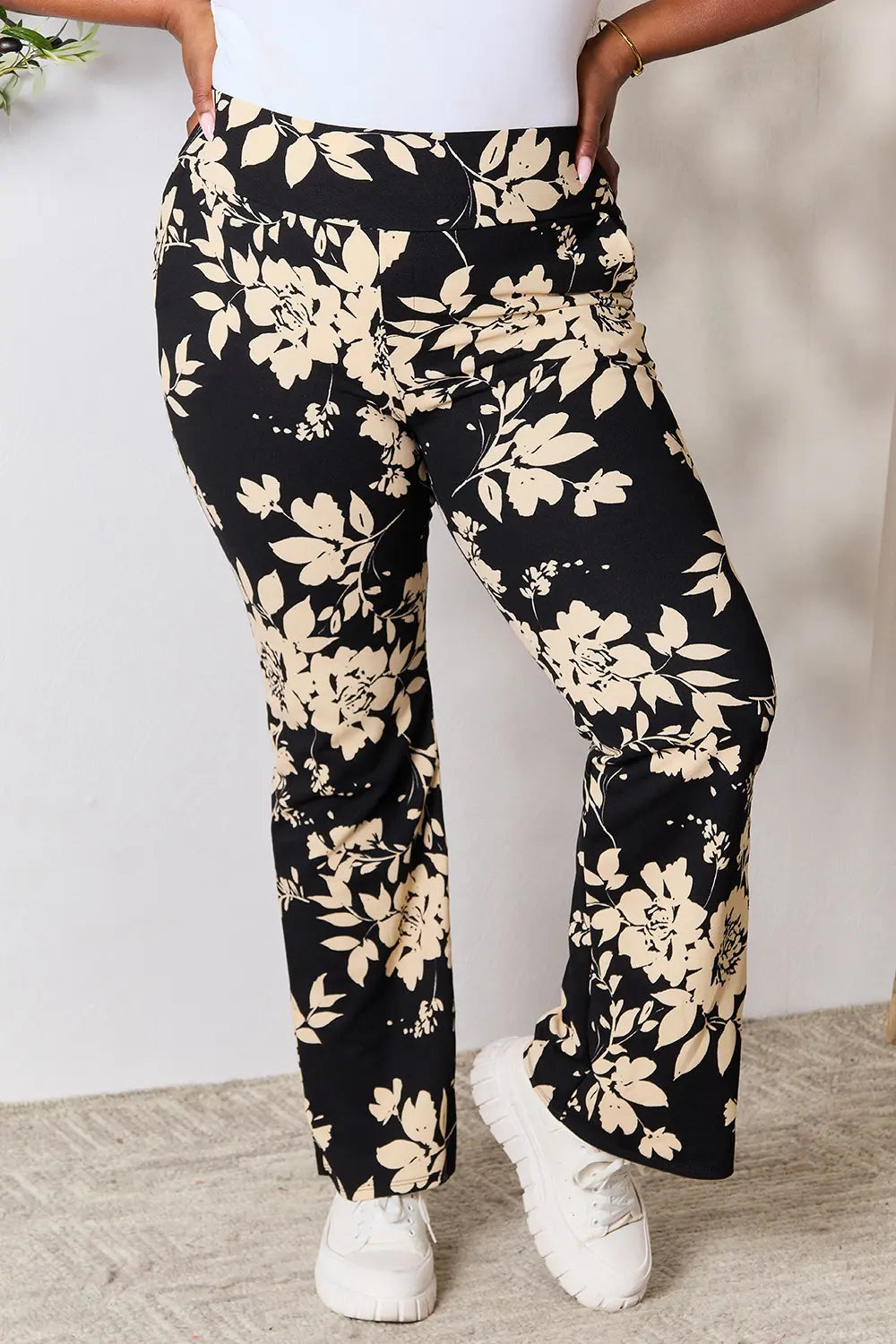 Heimish Full Size High Waist Floral Flare Pants Black Taupe 6233f10313ff44edadffe3e5b9b8b6f0-Max