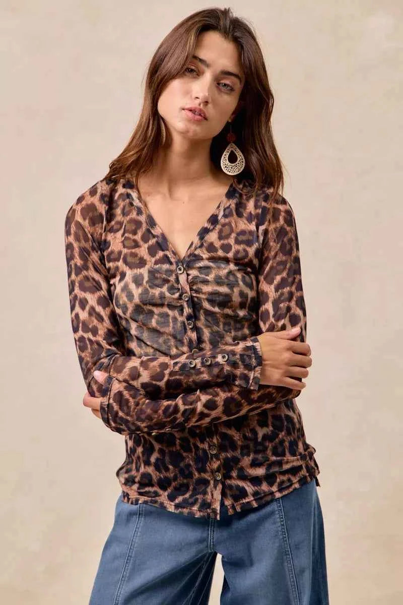 BiBi Leopard Printed Mesh Shirt With Button Up V Neck 6235da3f769748db8876f36c10333958-Max-Origin