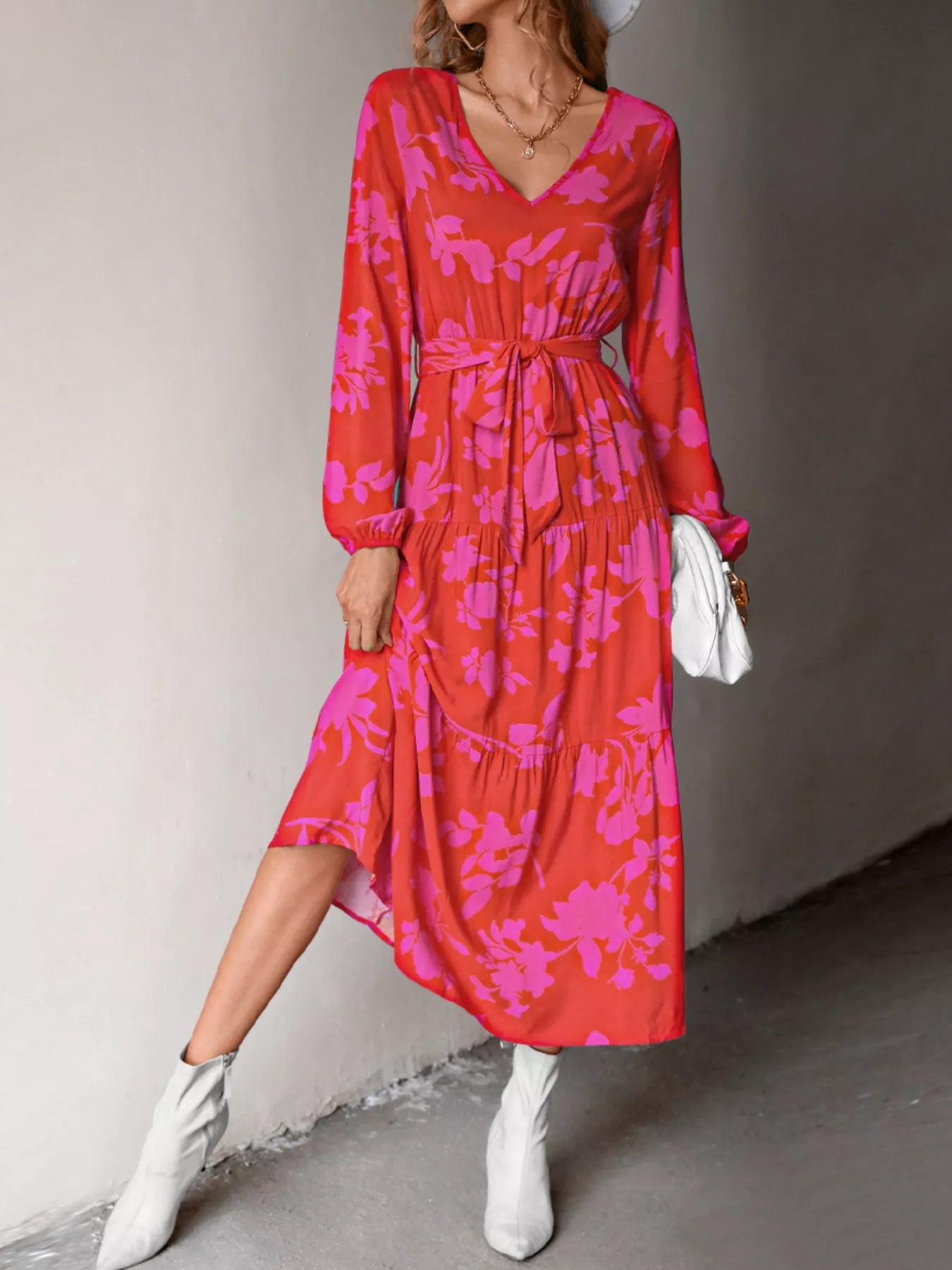 Printed V-Neck Balloon Sleeve Dress Hot Pink 623abf0b-deaa-4a15-a597-483adb742ac7-Max-Origin