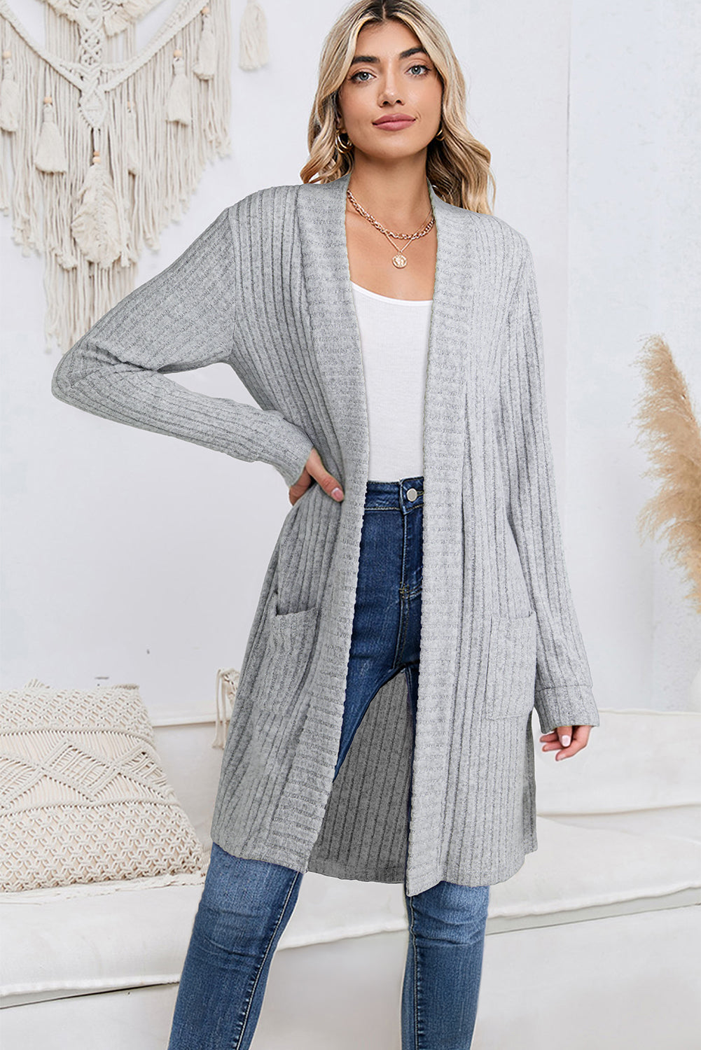 Gray Ribbed Knit Open Front Tunic Cardigan with Pockets