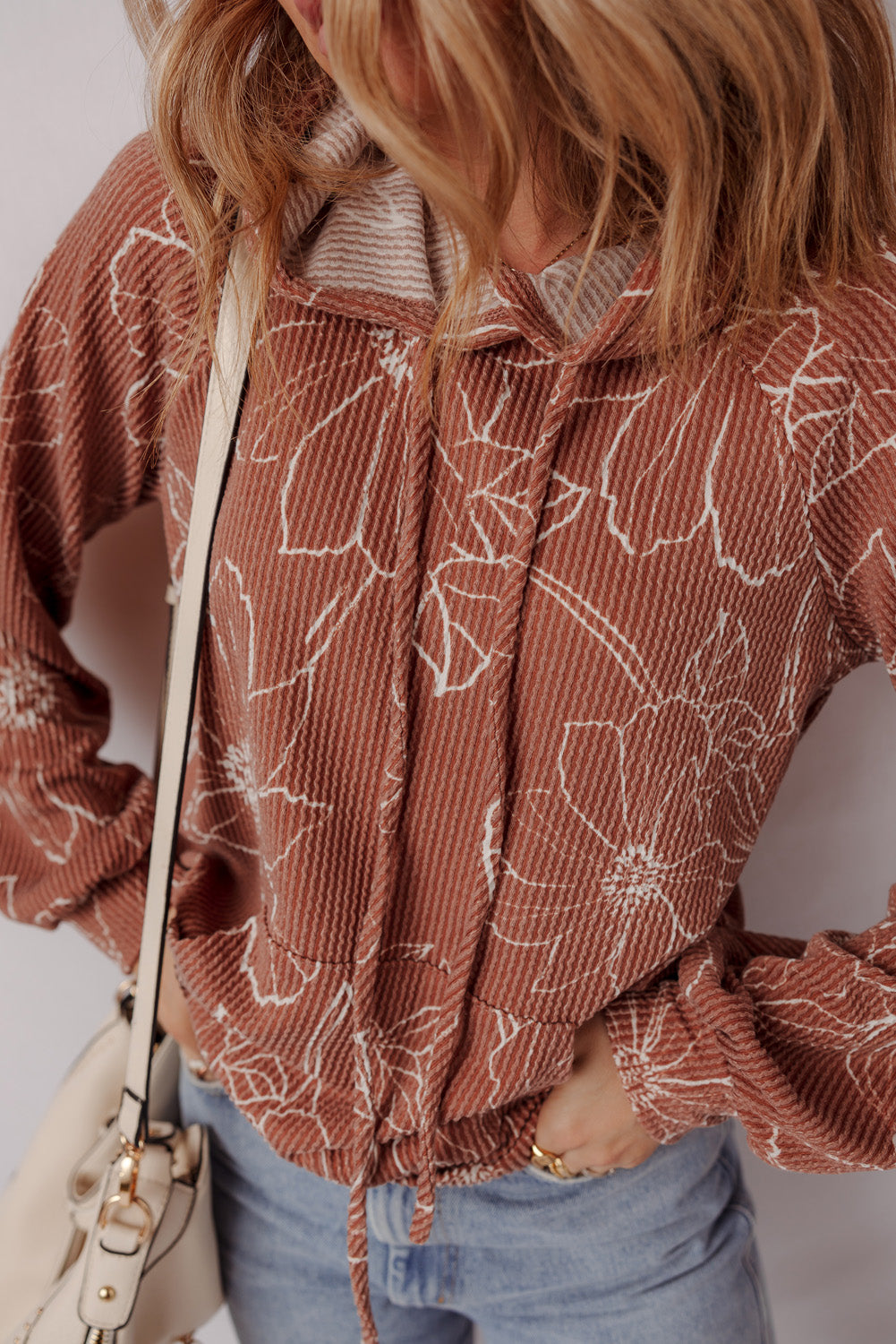 Brown Floral Twisted Rib Drawstring Kangaroo Pocket Hooded Top 6254357ecbb74757