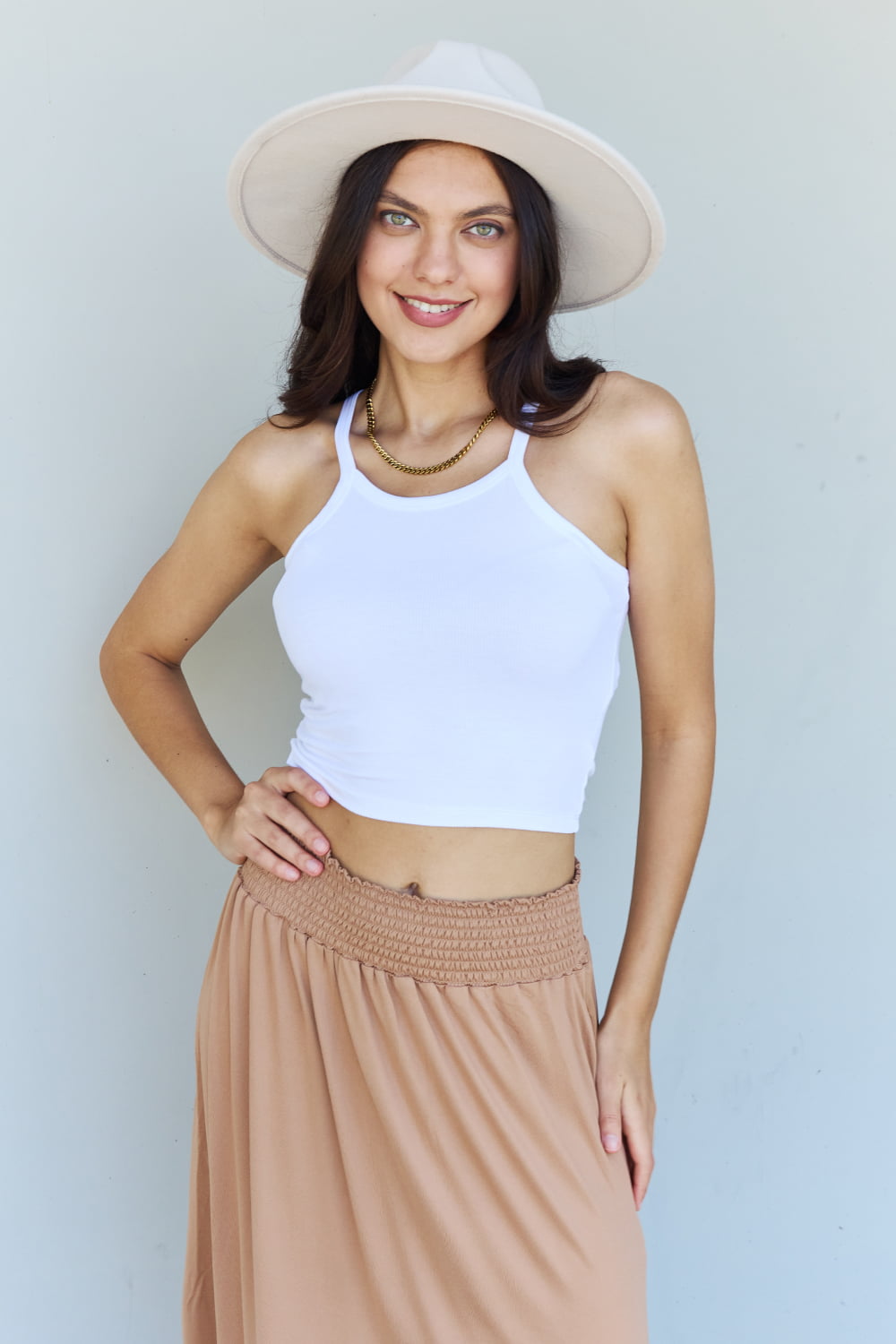 Doublju Comfort Princess Full Size High Waist Scoop Hem Maxi Skirt in Tan 6260f3db1d884fad8911ddb87d896ffd-Max