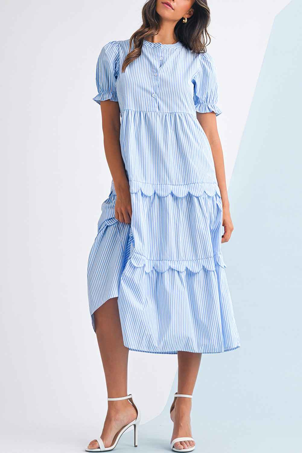Sky Blue Stripe Bubble Sleeve Scallop Tiered Dress Sky Blue Stripe 626a34e340215a02