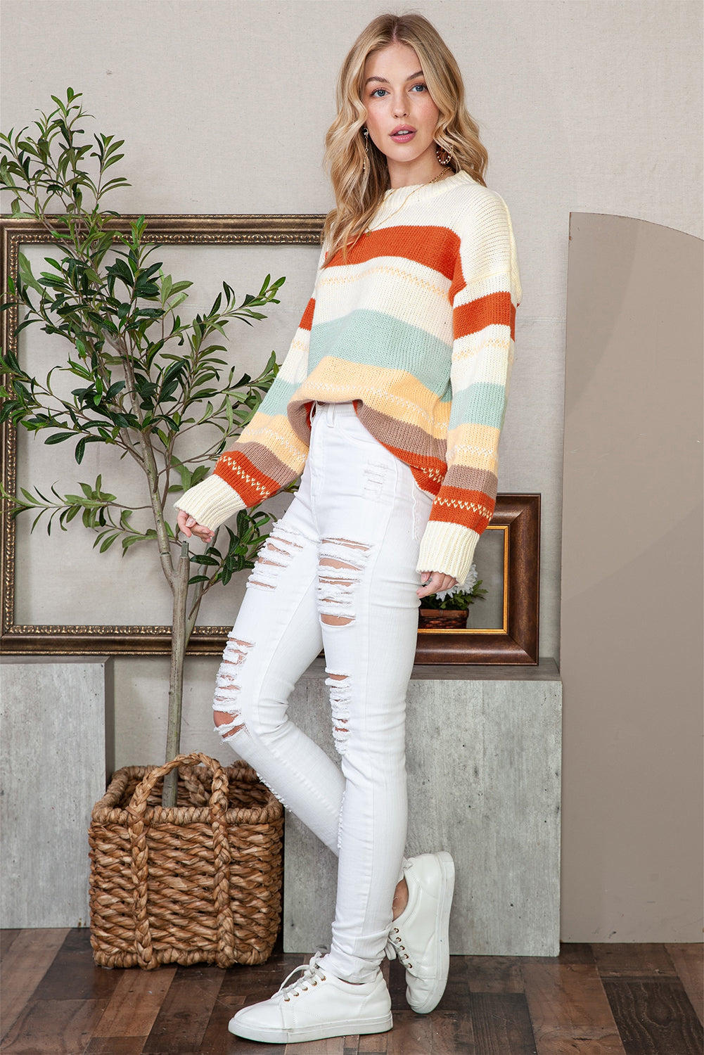 White Striped Color Block Drop Shoulder Knit Sweater 6279e50a0d7b476a