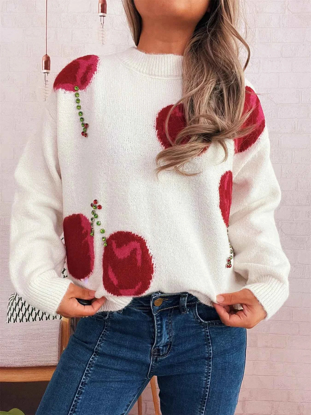 Contrast Cherry Round Neck Sweater White One Size 6281b9c7715b4de894f6151a8aeaecc3-Max-Origin