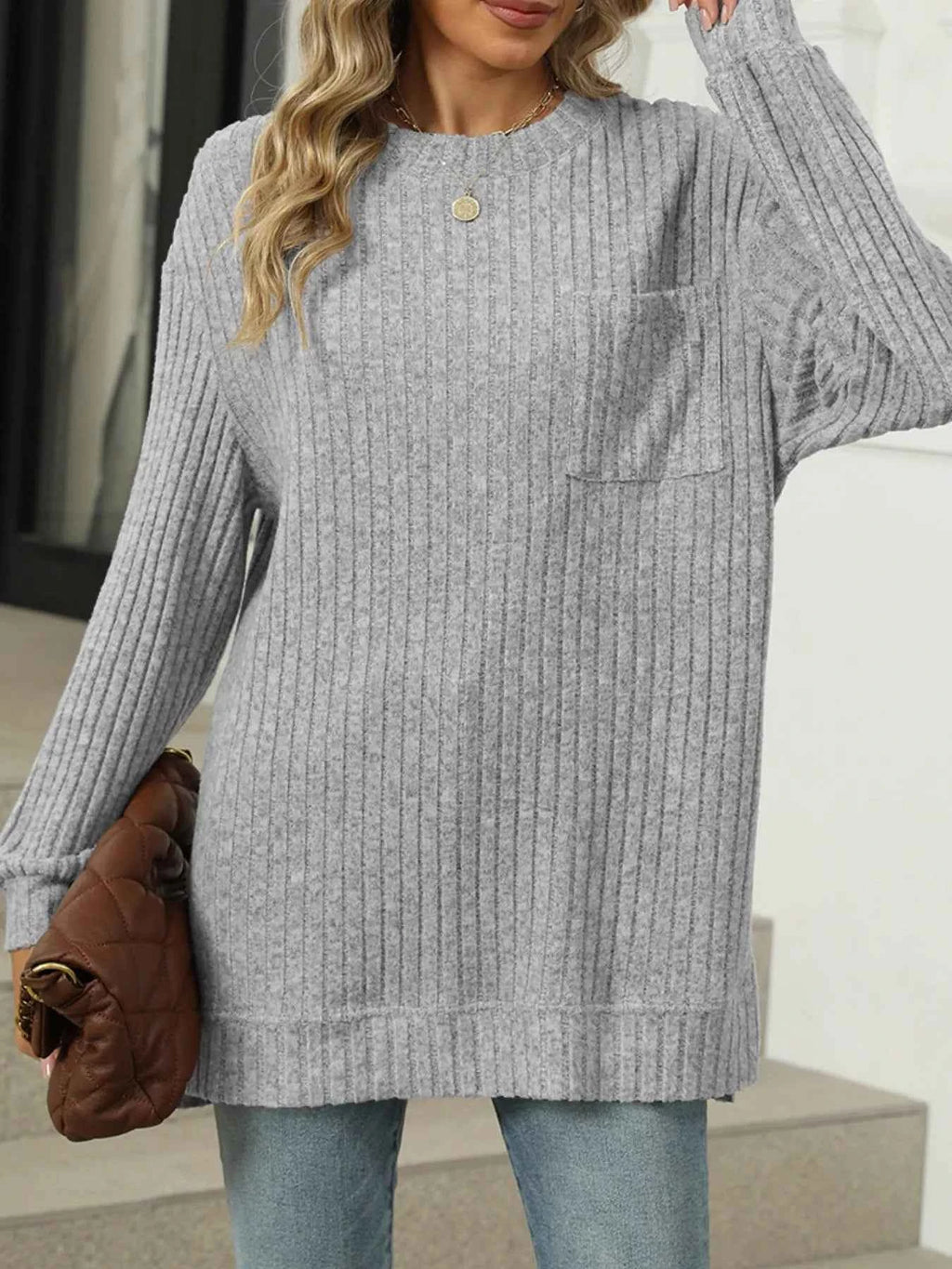 Ribbed Knit Round Neck Sweater 6282eb08-6330-44a5-9377-b0d276b6e6b4-Max-Origin