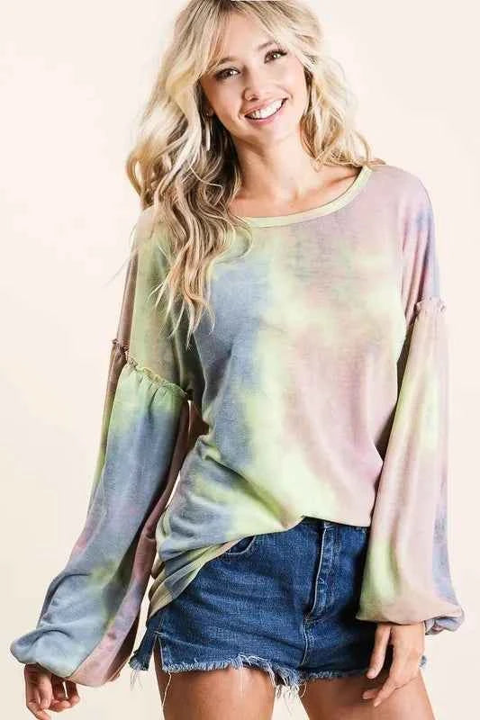 BiBi Tie Dye French Terry Sweatshirt With Bubble Sleeves MAUVE BLUE LIME 629cbb871b2b4eb08c9968f8a90b93a5-Max-Origin
