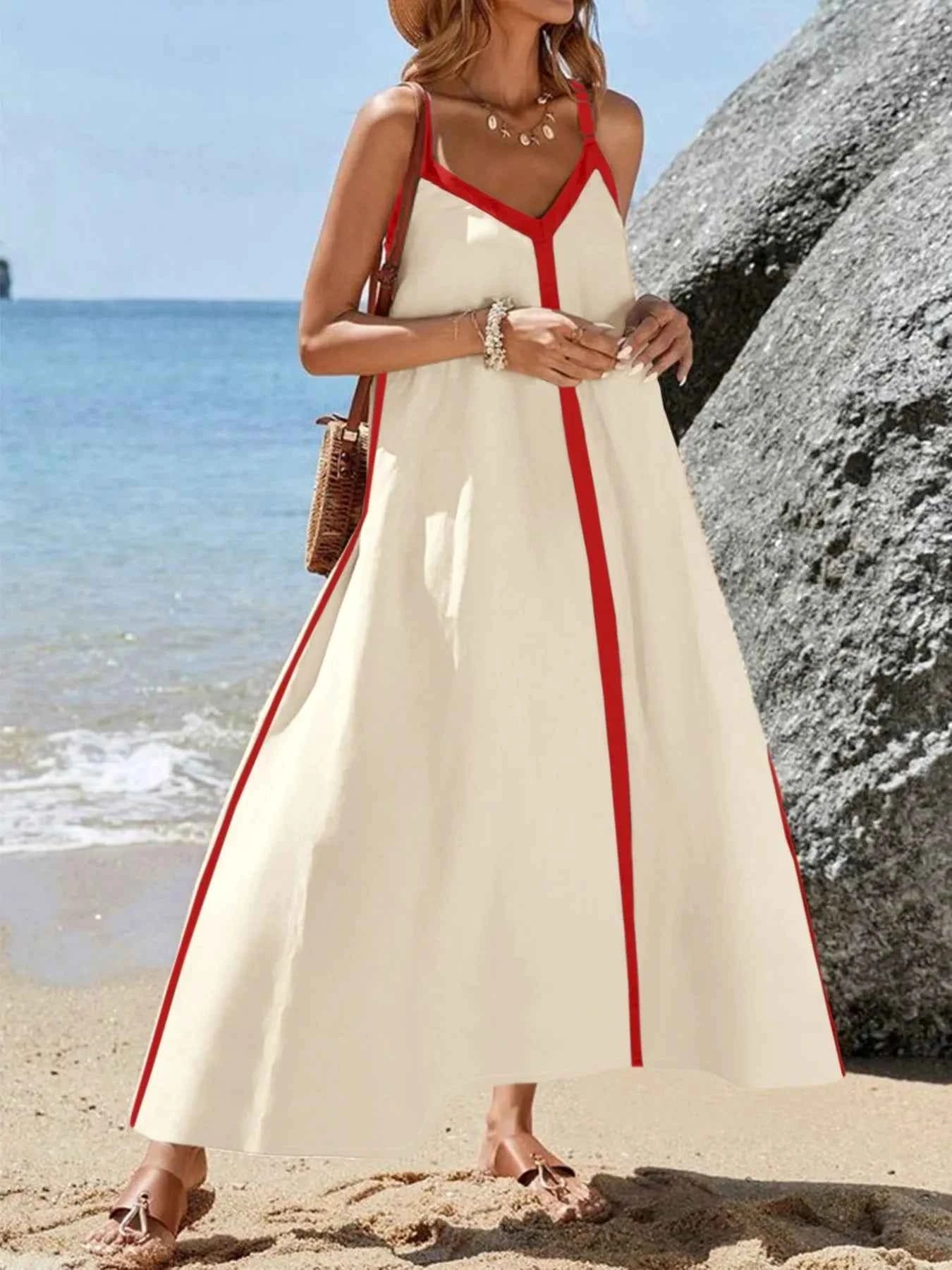 Contrast Trim V-Neck Maxi Dress Scarlet 62a4da03-8c29-4092-aa17-a9a702442b79-Max-Origin