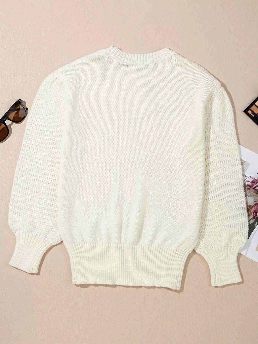 Flower Detail Round Neck Contrast Textured Puff Sleeve Sweater 62cac6d993e24174b46715ad944cff9b-Max-Origin