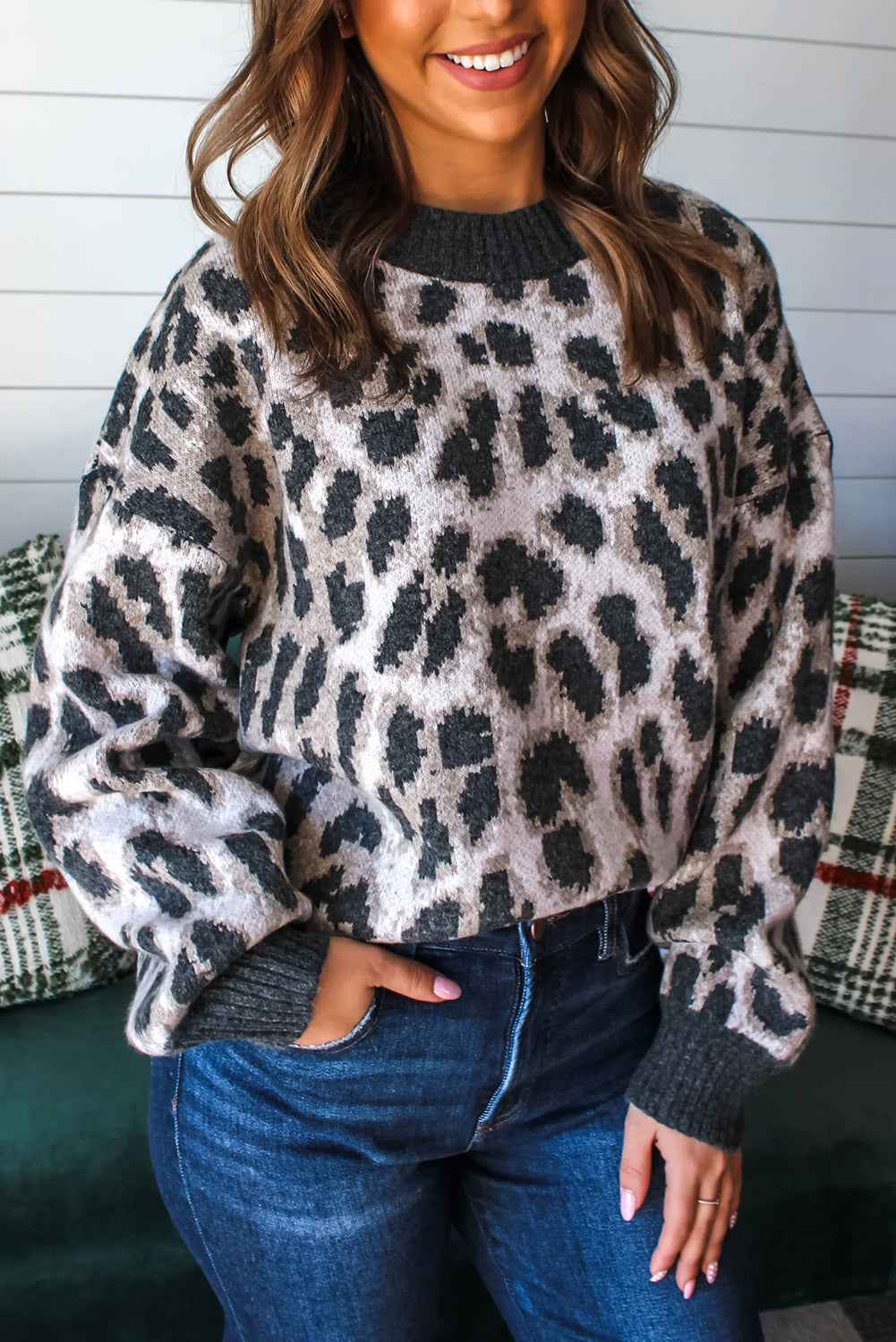 Carbon Grey Leopard Pattern Contrast Trim Round Neck Sweater Carbon Grey 62cd9ba4d9f9184e