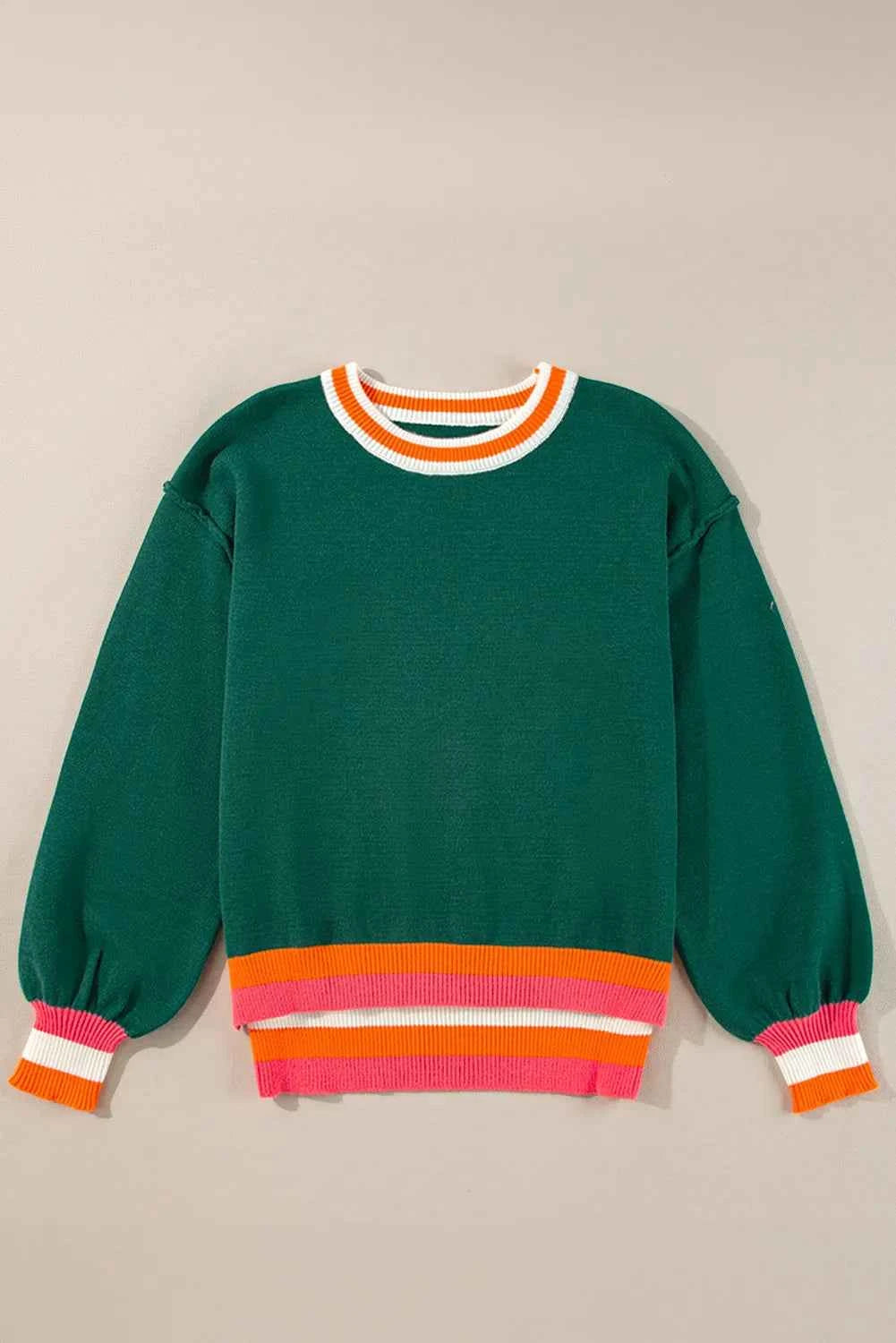 Contrast Round Neck Long Sleeve Sweater Dark Green 62e721ca-5965-4f9d-a41f-1d5026dcba75-Max