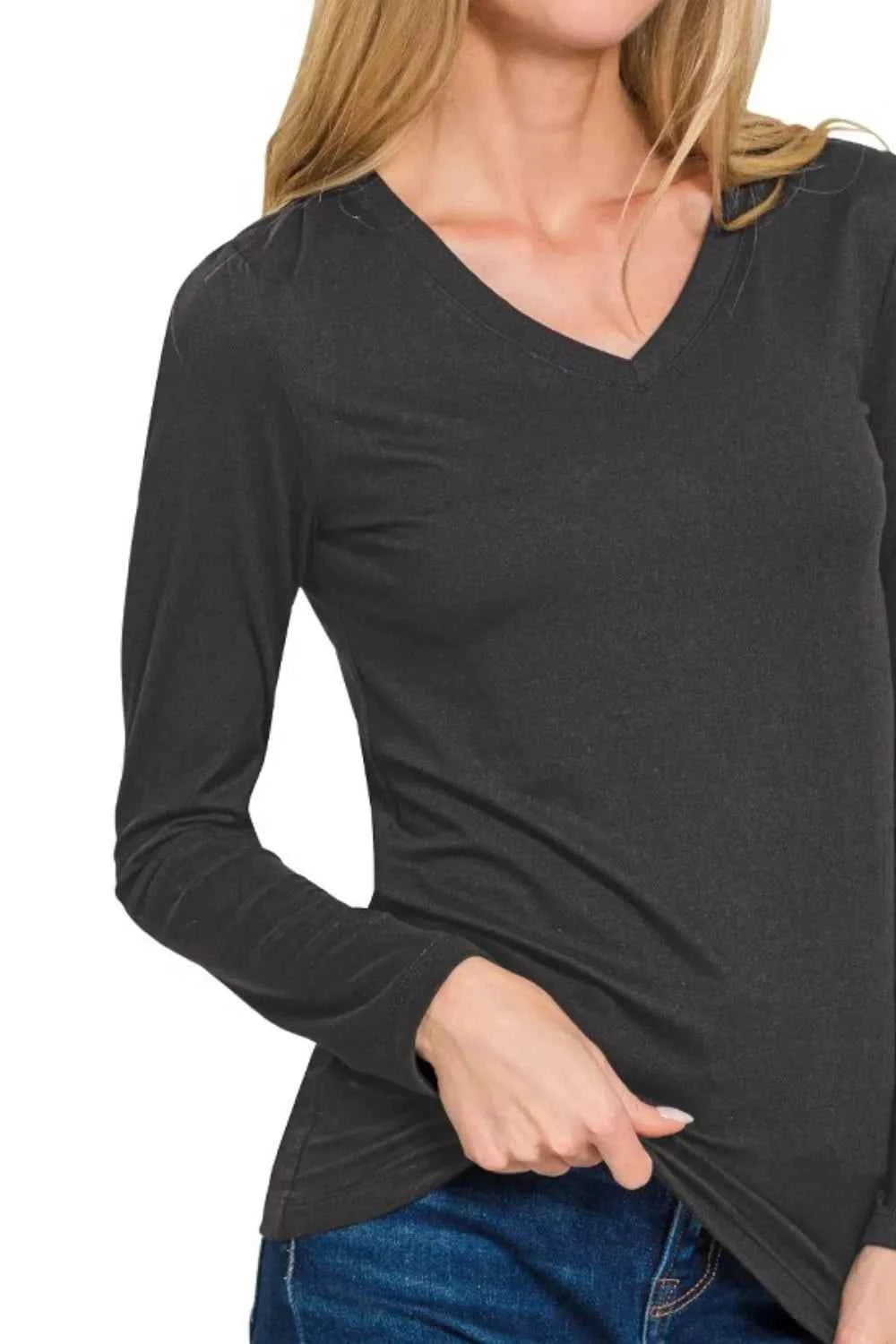 Zenana Brushed Microfiber Long Sleeve V-neck Tee 62e99122-c4c5-430c-ad9f-371e302133b5-Max-Origin