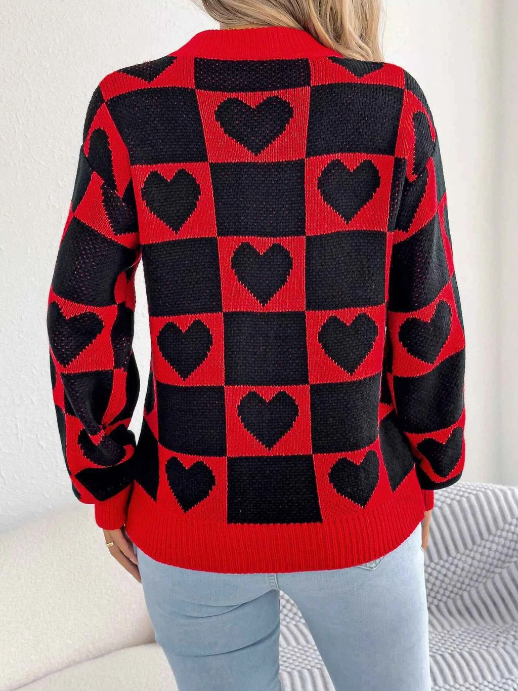 Heart Checkerboard Pattern Round Neck Sweater 62ec56c6c5be4005927f51ad20654041-Max-Origin
