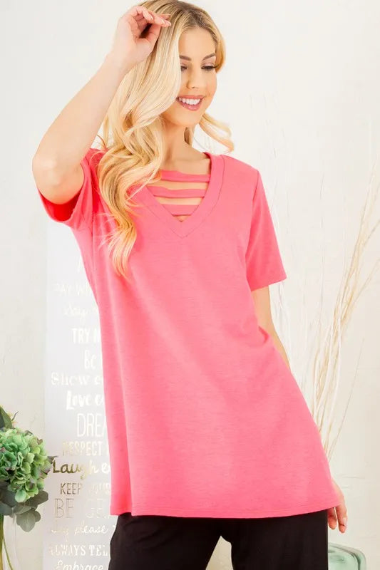 Heimish Full Size V-Neck Short Sleeve T-Shirt with Bar Detail Plus Size 62f1385e-0f91-4f5b-94bc-fd38dfc37efc-Max