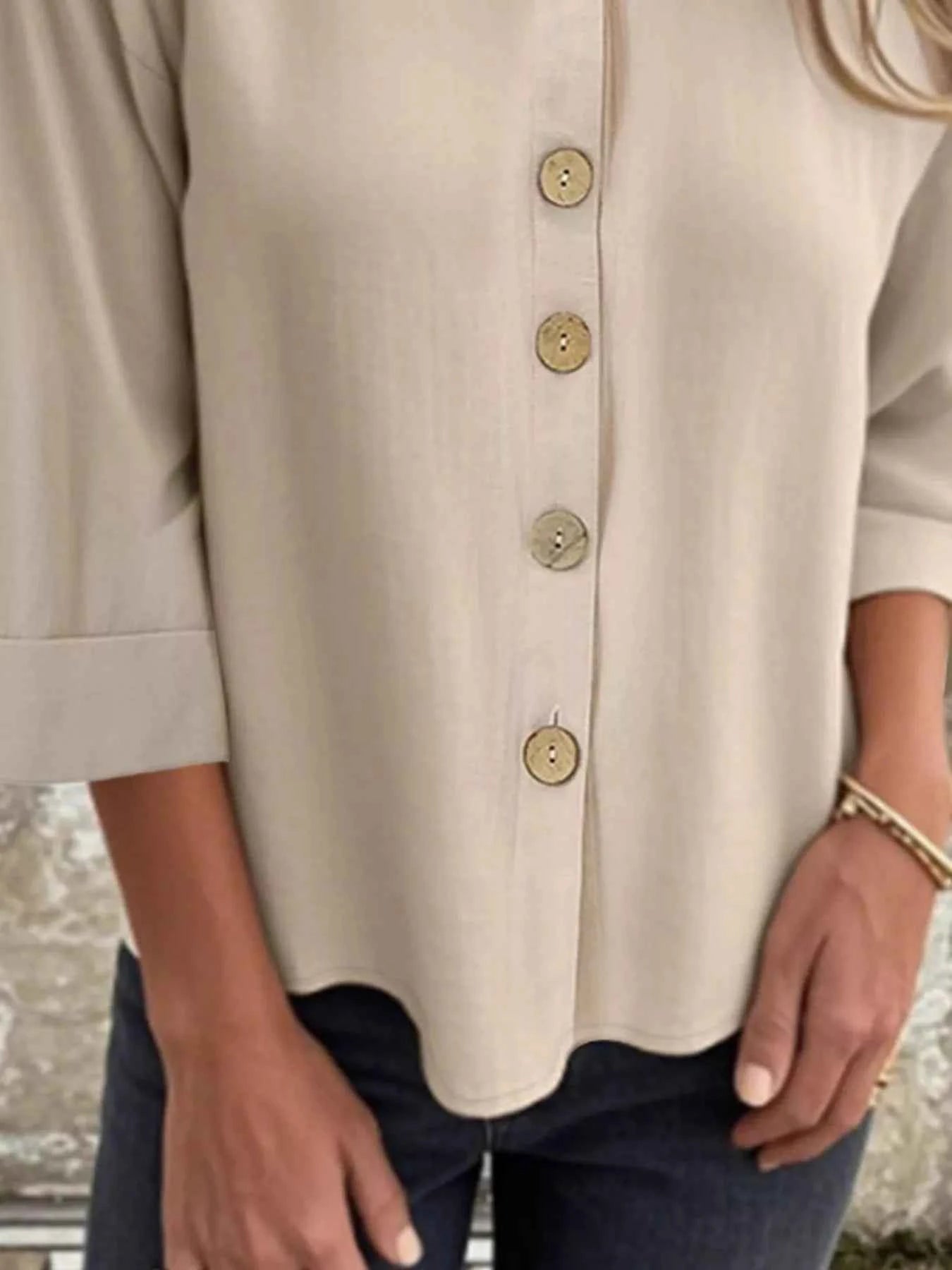 Full Size Button-Front 3/4 Sleeve Casual Blouse Plus Size 630c3002-644c-4de2-a590-9ed65cdcca49-Max-Origin