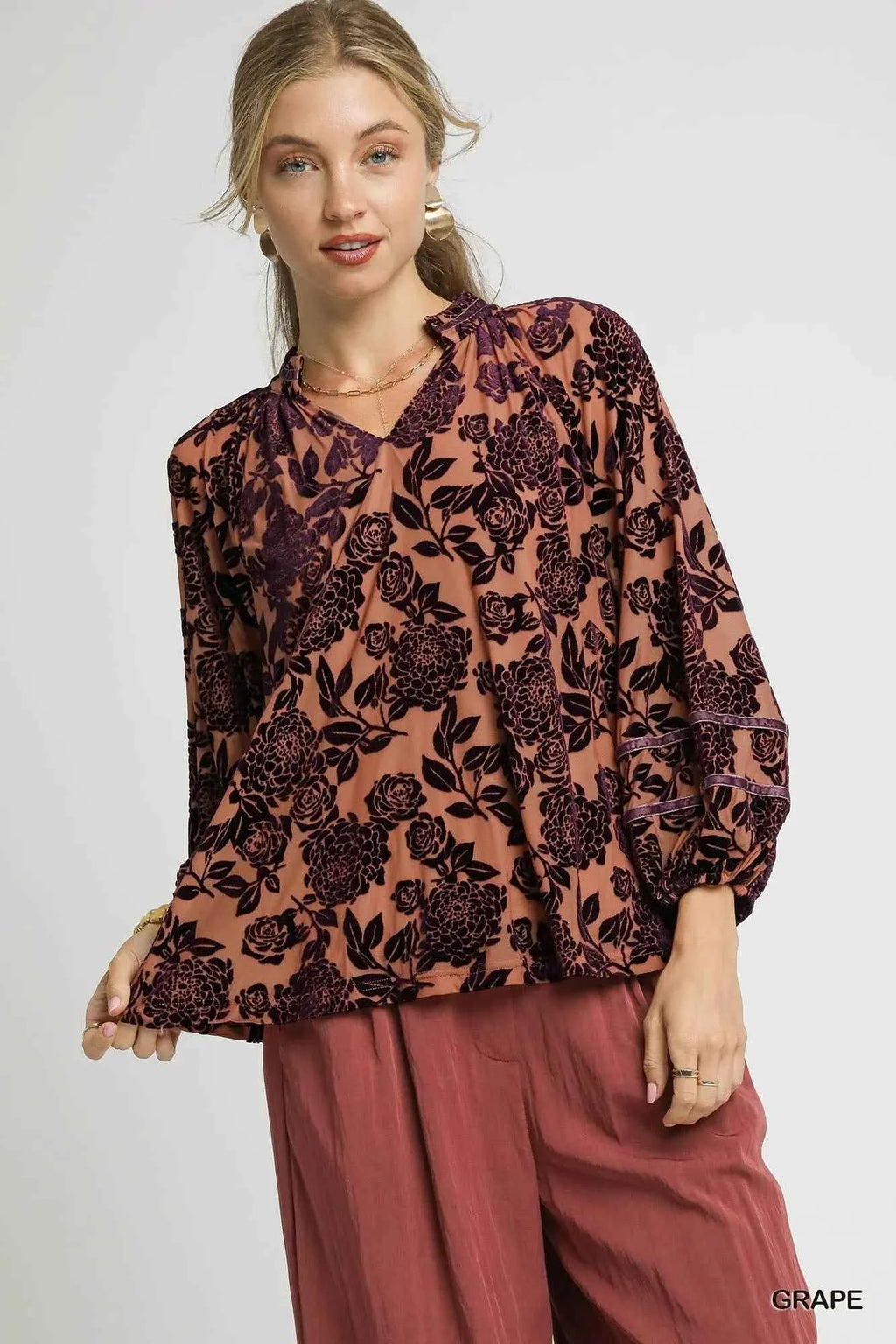 Umgee Floral Velvet Blouse with Balloon Sleeves GRAPE 63569397-9c1e-47a4-895d-7f93dd627f06-Max-Origin