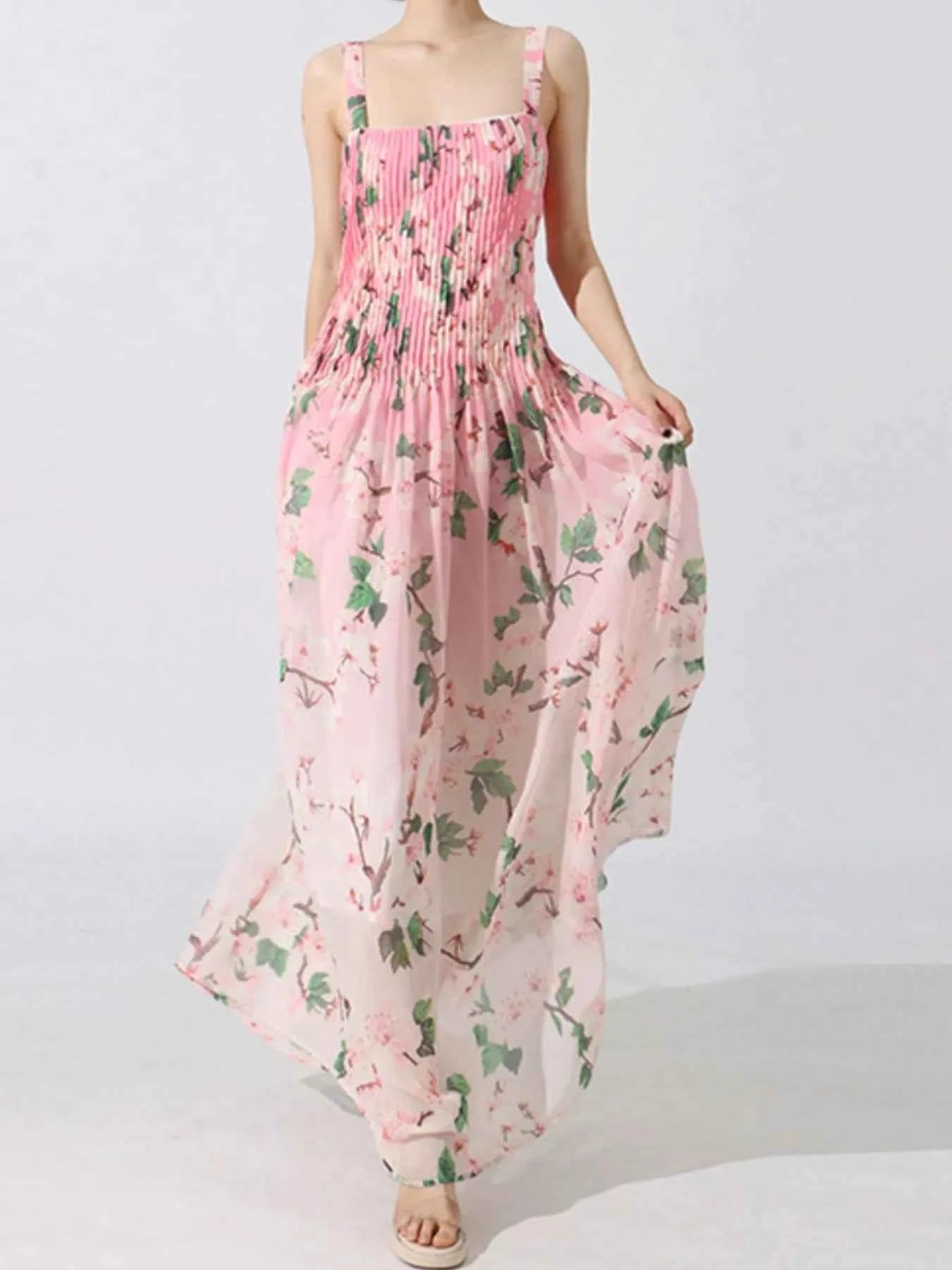 Floral Print Pleated Maxi Dress Pink 635e62db-d67c-43f5-912b-00b515fed3cd-Max-Origin