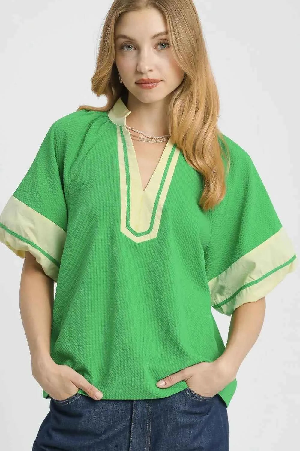 Umgee Contrast Trim Notched Puff Sleeve Blouse Green 636fad24-61dc-483e-94b9-f00ad04db8e6-Max-Origin