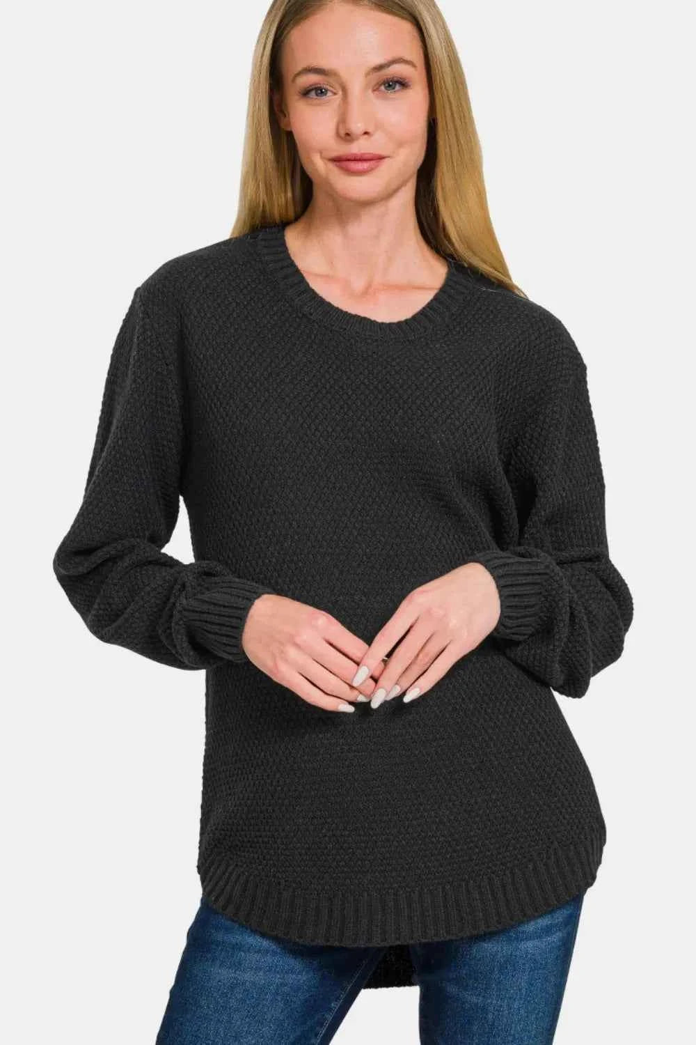 Zenana Full Size Round Neck Long Sleeve Curved Hem Sweater Black 6376f016-1fa3-45d0-b867-1eb1bfc2c268-Max