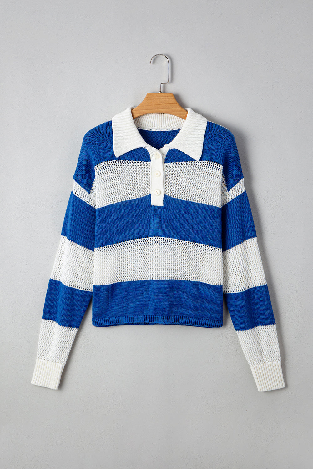 Blue Stripe Colorblock Polo Collar Eyelet Crochet Knit Sweater 6393791ef3ffdf99