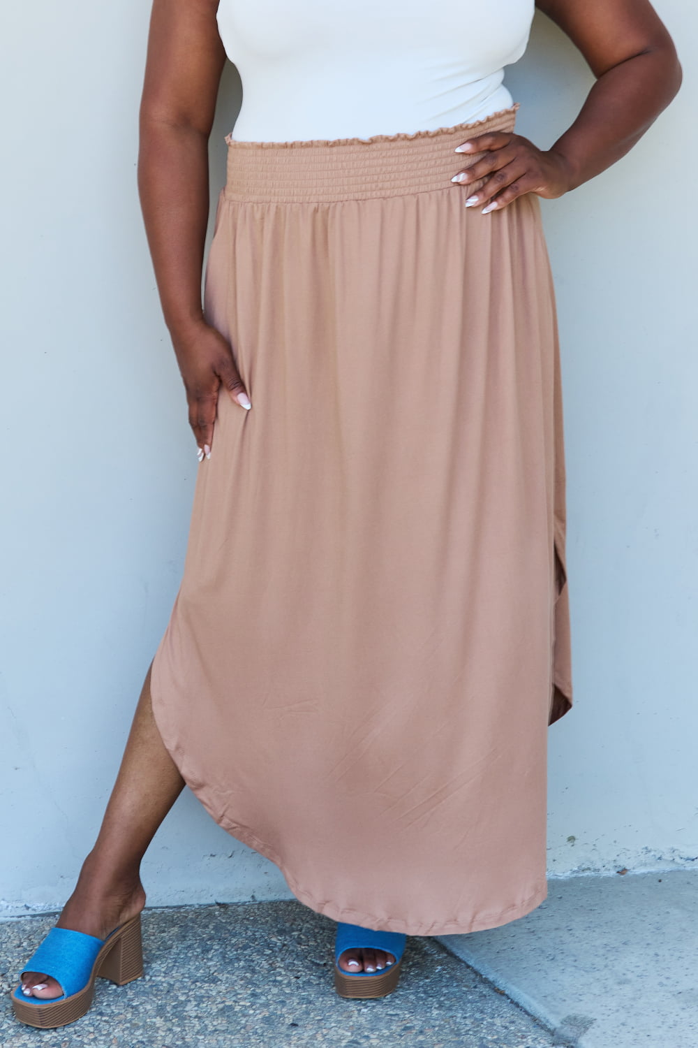 Doublju Comfort Princess Full Size High Waist Scoop Hem Maxi Skirt in Tan Khaki 63a5c39773c24c548c3d80b5fba53402-Max