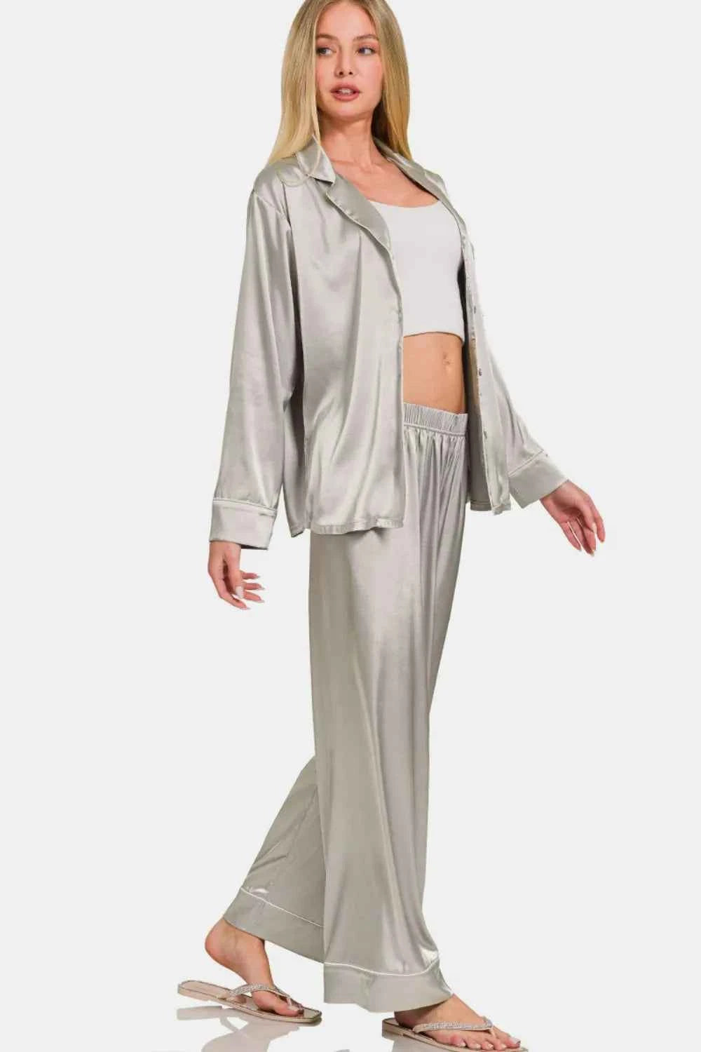 Zenana Satin Long Sleeve Shirt and Pants Pajama Set 63b88f20-2db5-4393-b8cc-6571afb84f5b-Max