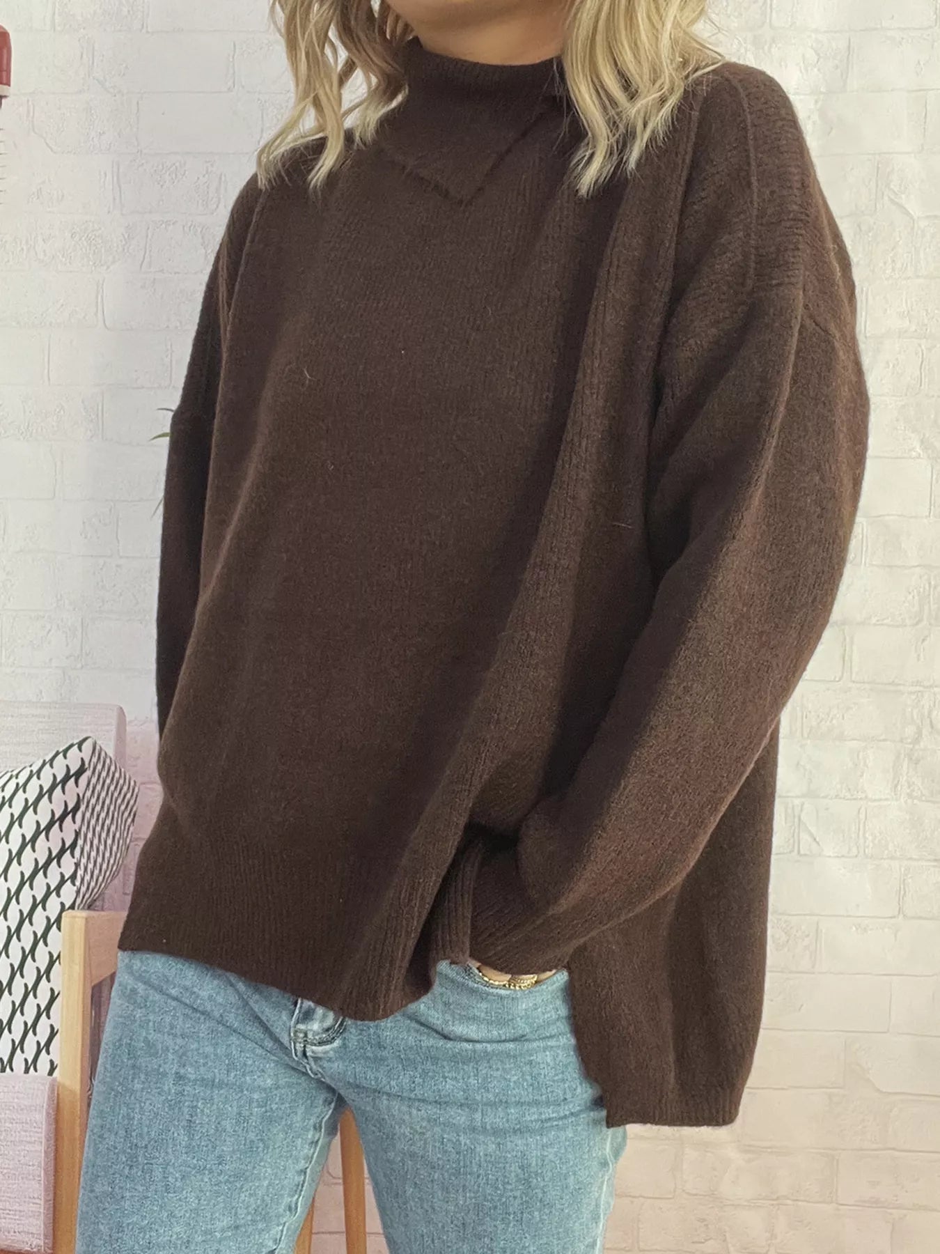 Slit Turtleneck Long Sleeve Sweater Brown One Size 63c1316004f7400a88830029ff57e19d-Max-Origin