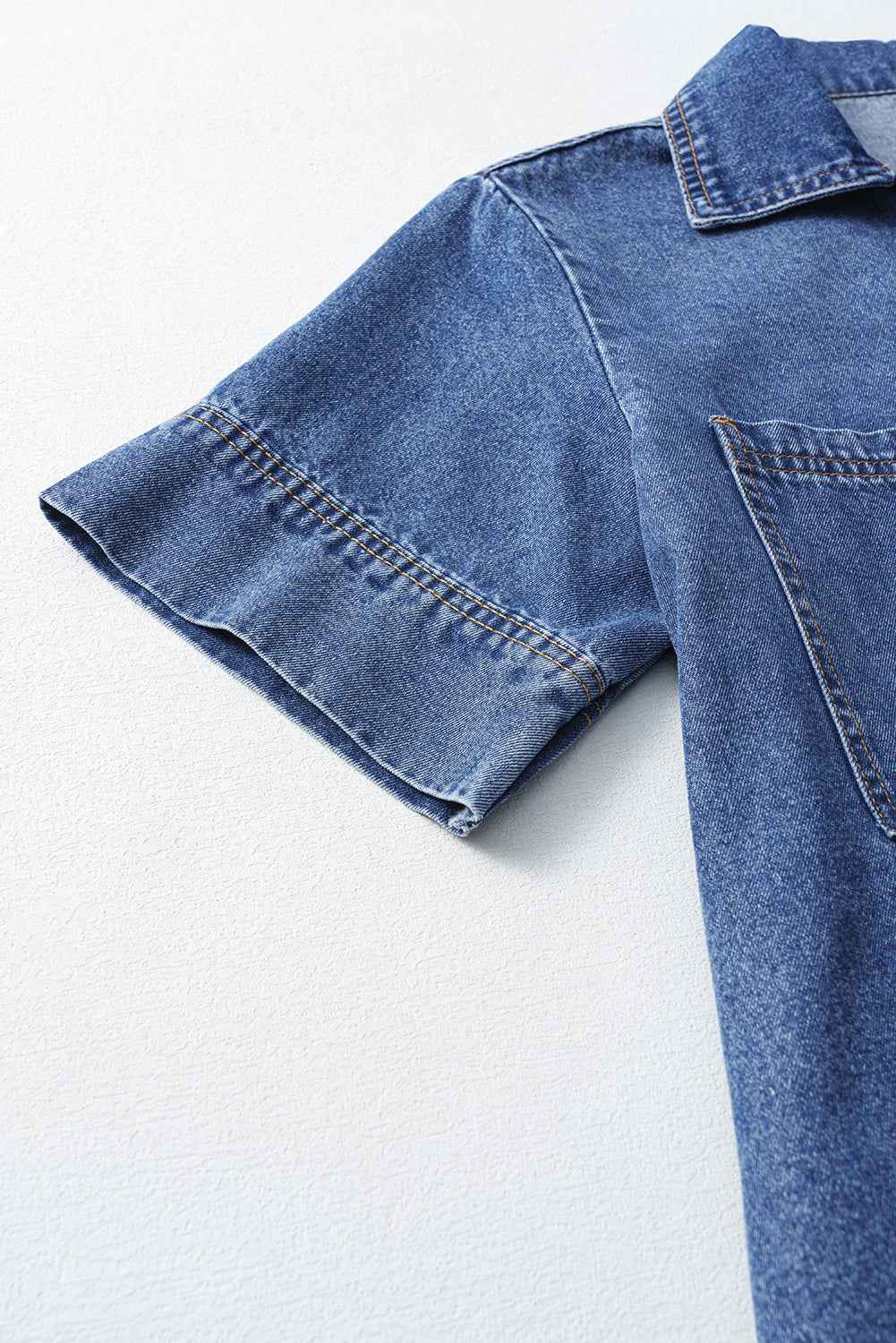 Blue Short Sleeve Collared Chest Pocket Denim Mini Dress 63cca67302178ce9