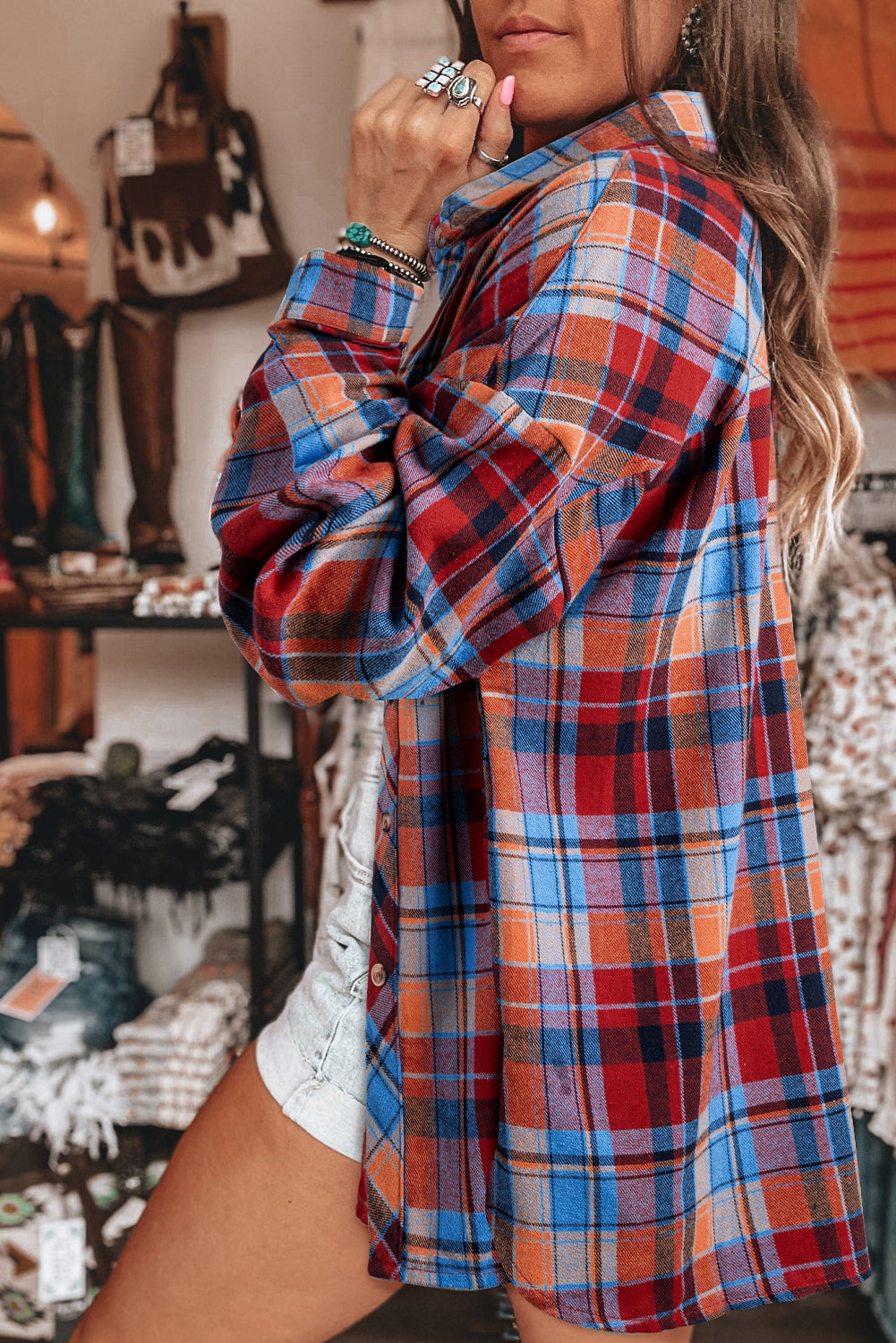 Orange Plaid Print Pocket Loose Shirt Shacket 63edcc60ecab14ee