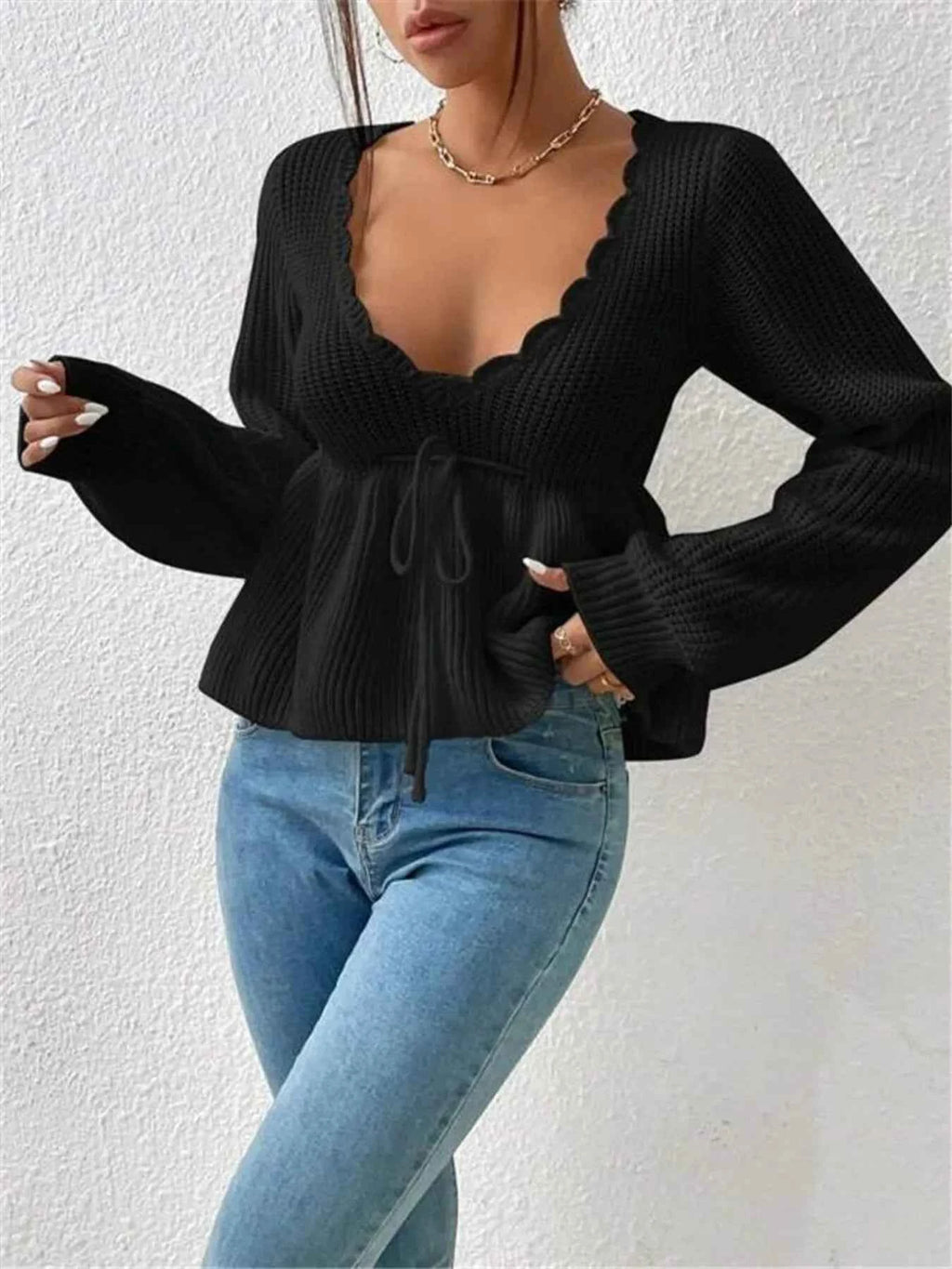 Scalloped V-Neck Drawstring Knit Top 63f09c4f0d0145608d4724a4e92776c8-Max-Origin