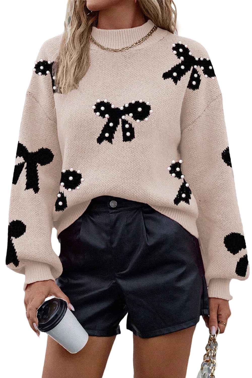 Smoke Gray Pearl Embellished Bow Pattern Loose Sweater Smoke Gray 52%Viscose+26%Polyester+22%Polyamide 63fcc50ff4dcb4cf