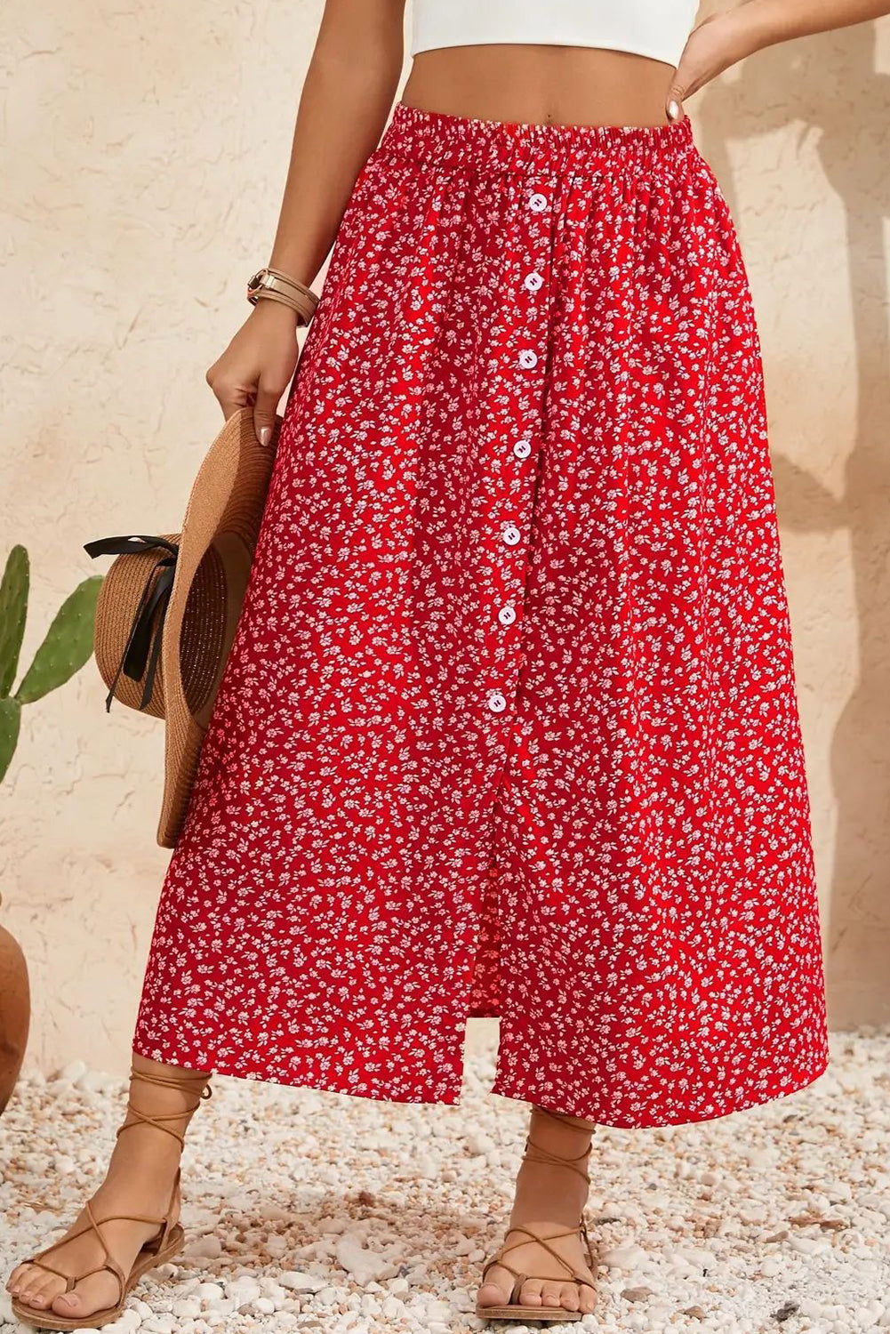 Red Floral Print Button Down Skirt 640150f2d9b445b9