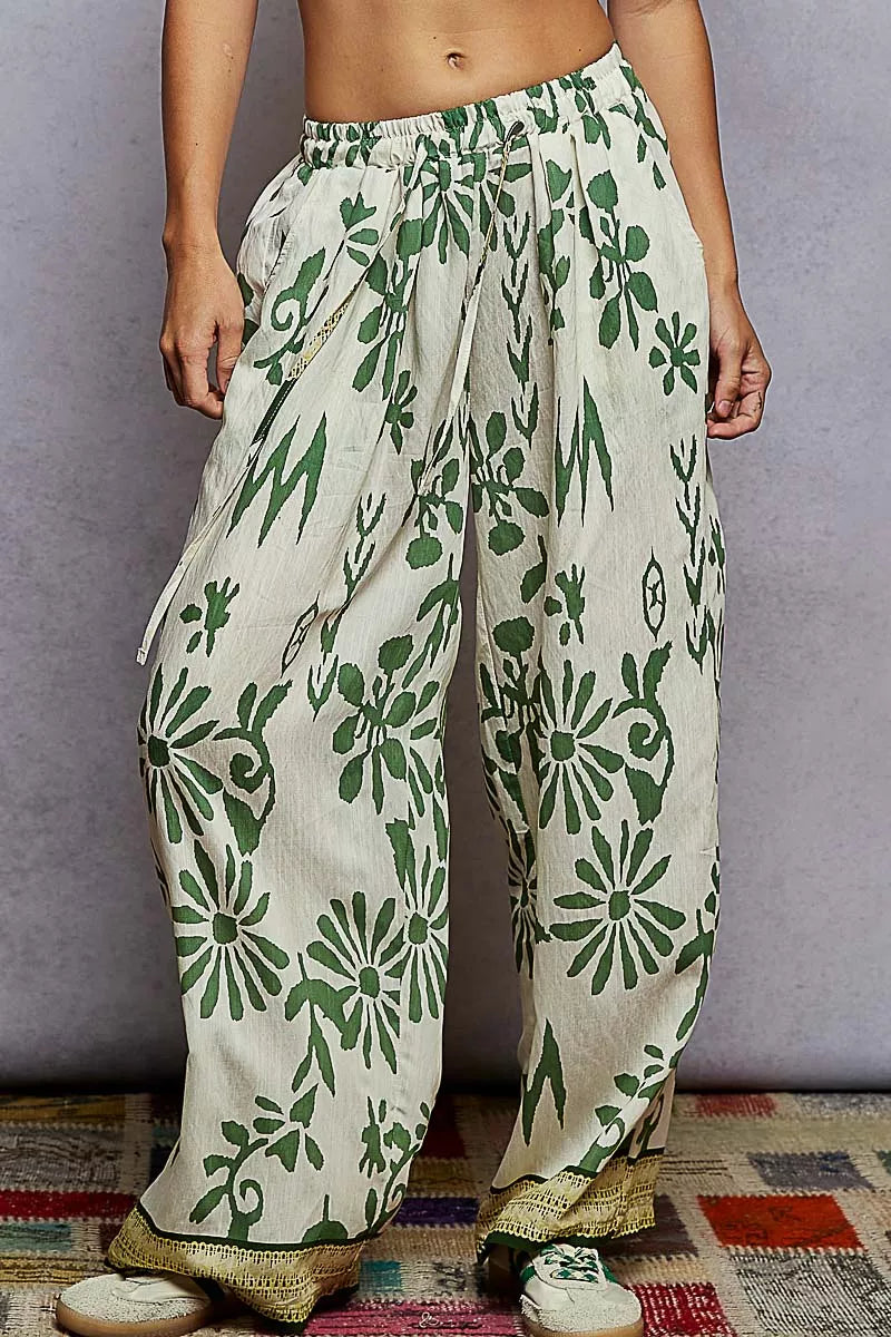 POL Floral Printed Woven Wide Leg Drawstring Pants IVORY GREEN FLORA 64060ca0-b8d1-4103-9031-2a524d3dd831-Max-Origin