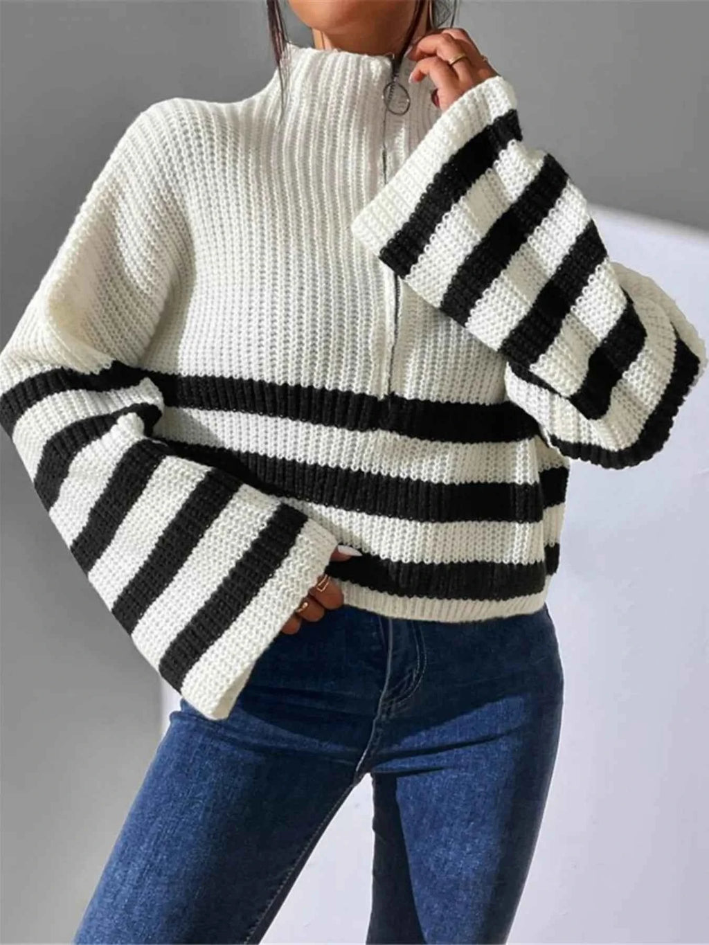 Striped Half Zip Cropped Sweater 641497828ab64626b931f727380314ea-Max-Origin