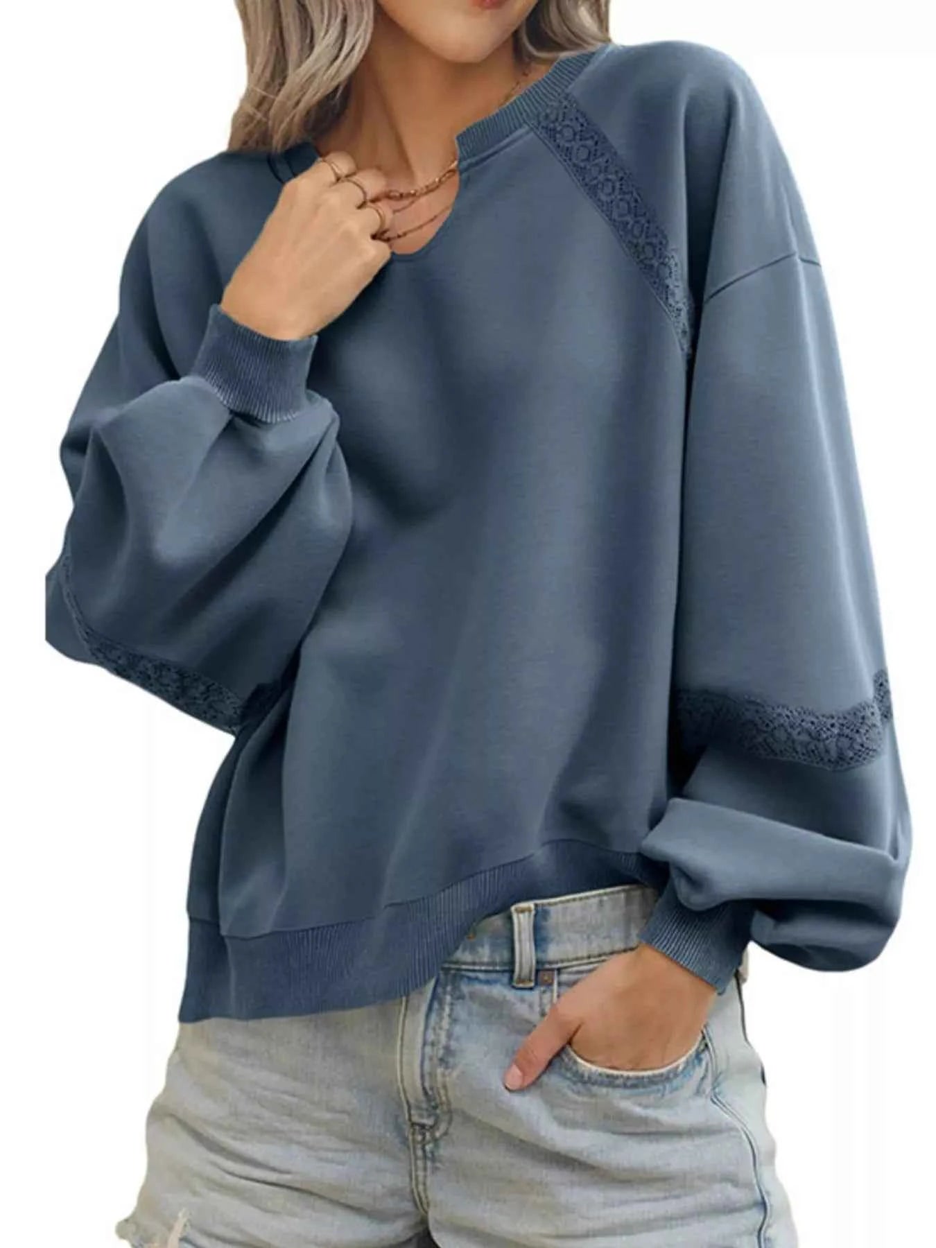 Lace Detail Notched Long Sleeve Sweatshirt Dark Blue 642f74ab-d107-48c4-99cc-44fc97dee2db-Max-Origin