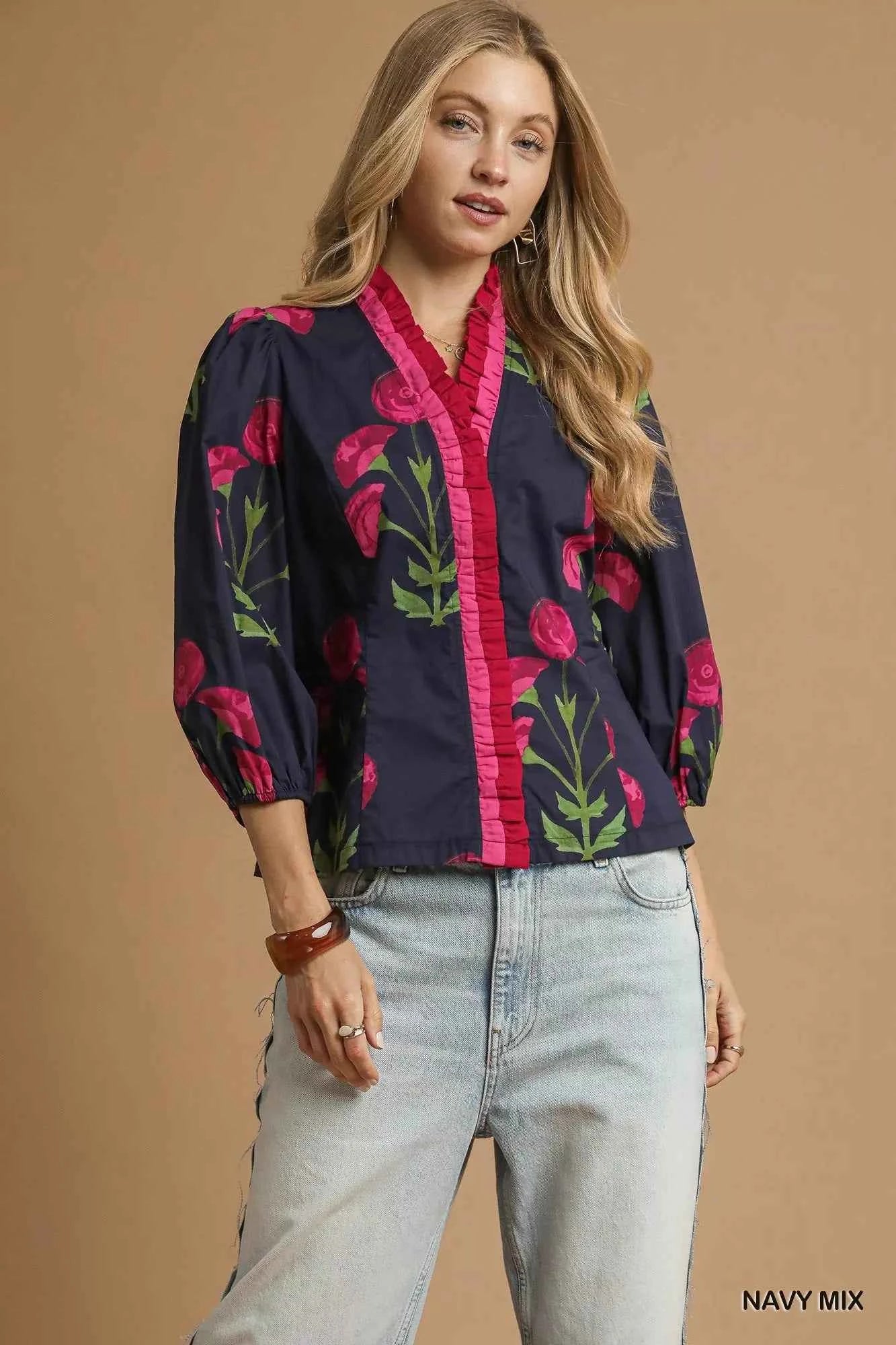 Umgee Floral Print Ruffle Trim Puff Sleeve Blouse NAVY MIX 64301160-318c-426c-b724-2a59222a6c8b-Max-Origin