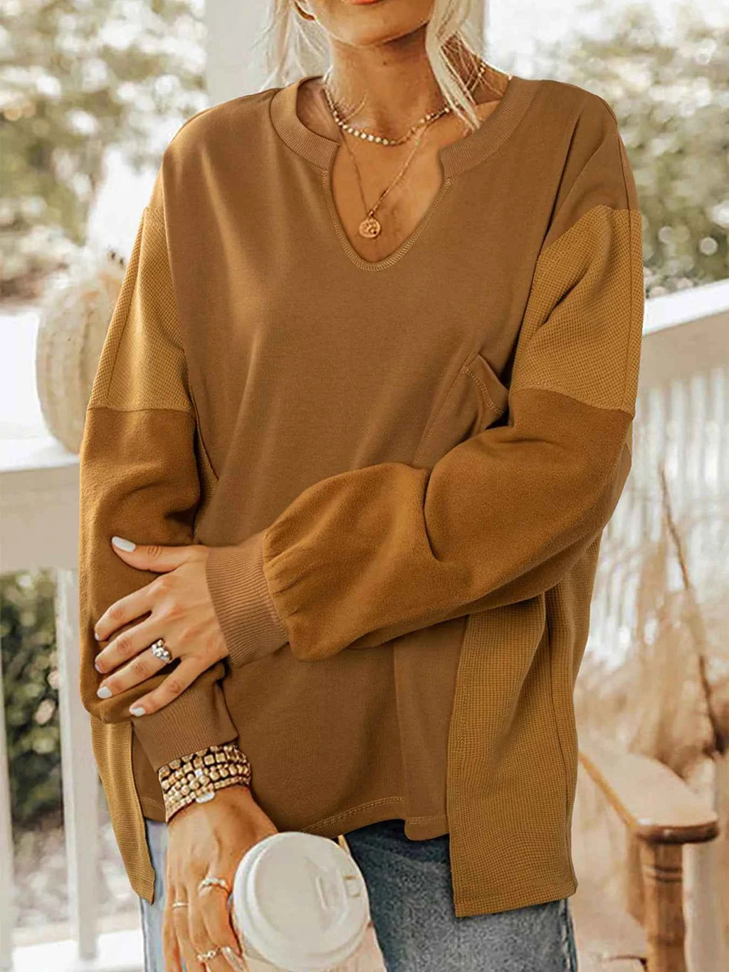 Oversized Textured Split Neck High Low Sweatshirt Caramel 6434abca815c43b885faef193dcdcfd2-Max-Origin