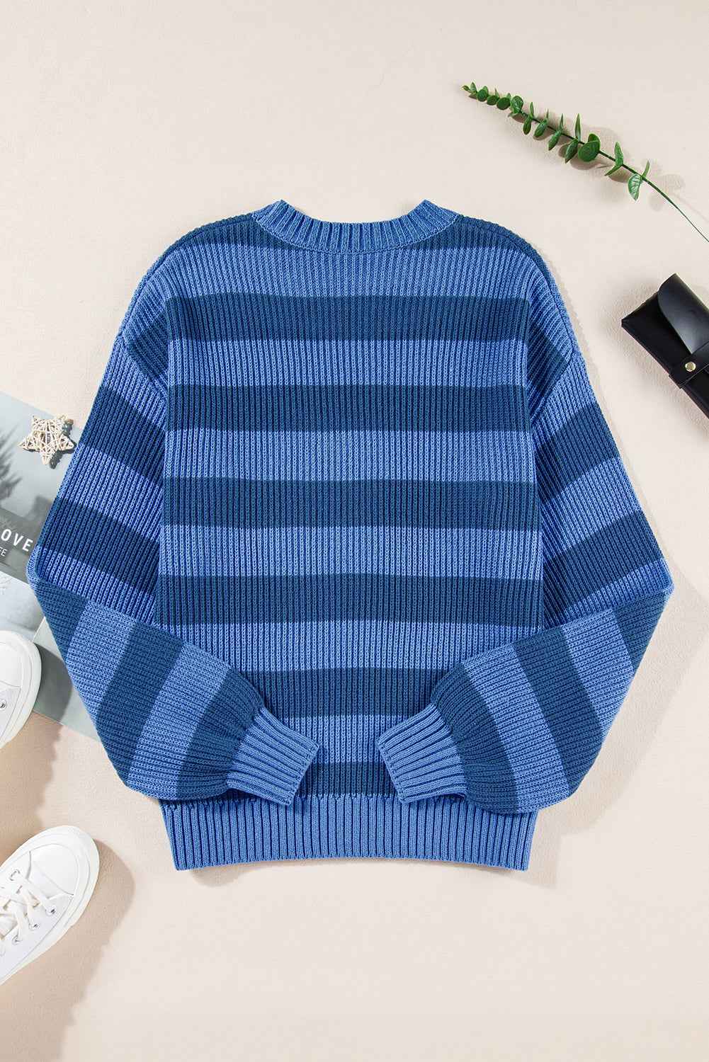 Blue Striped Drop Shoulder Casual Sweater 64673ffb6c69265e