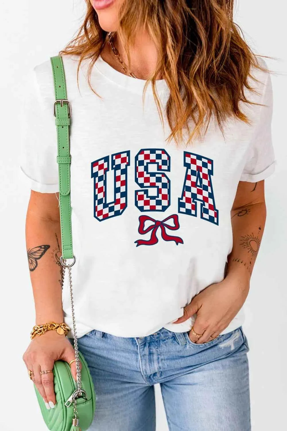 Checkered USA Graphic Round Neck Tee White 64acacd1-8221-43d3-9e77-f63c302c039a-Max-Origin