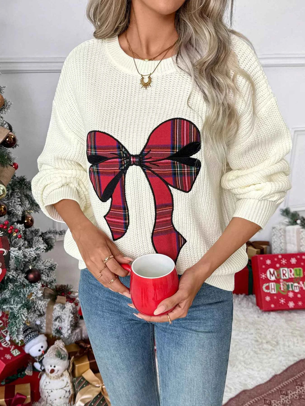 Christmas Bow Dropped Shoulder Sweater 64ad55eb910d41599cbd1b8eef2a4097-Max-Origin