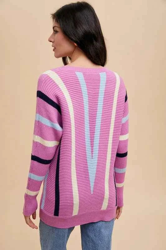 Annie Wear Chevron Stripe Round Neck Ribbed Sweater 64b362b3-8724-4769-9799-e9114edd5af0-Max