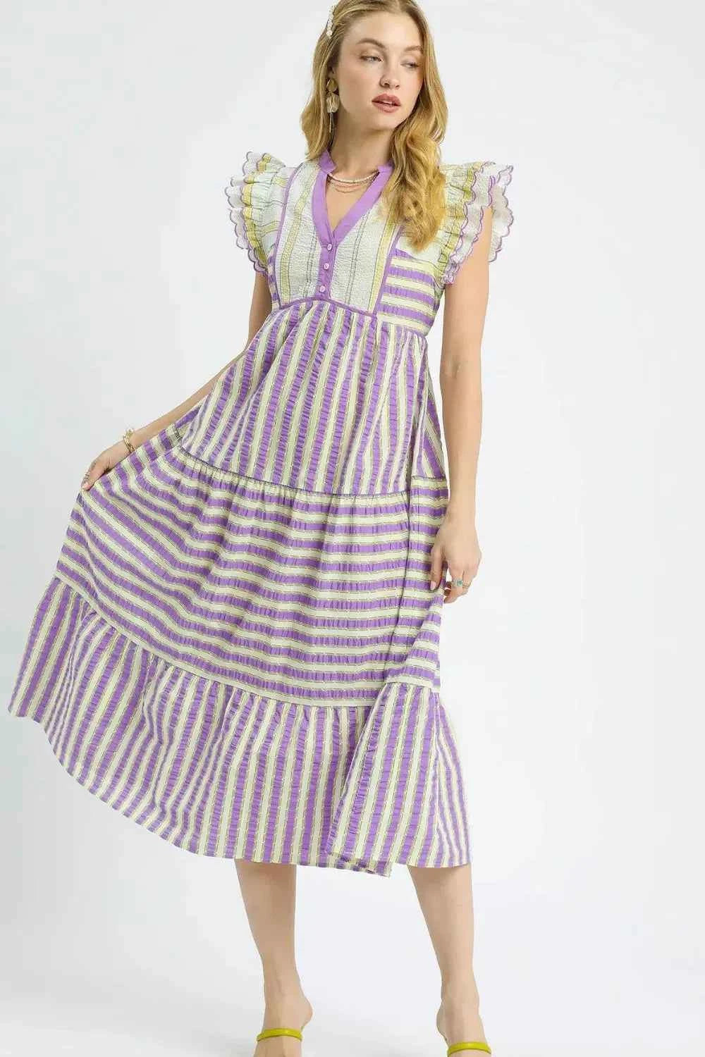 Umgee Striped Ruffle Cap Sleeve Midi Dress 64b4bc52-6ec4-40b0-aee2-cd9030015c7f-Max-Origin