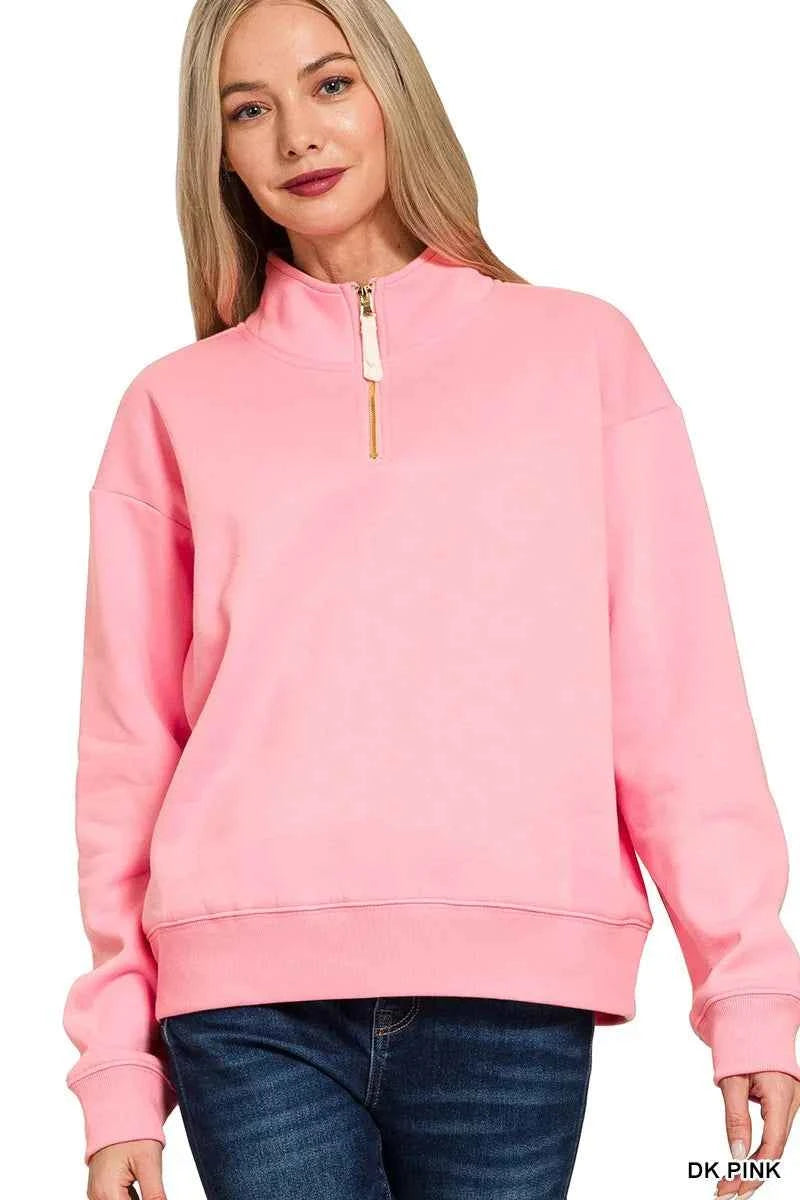 Zenana Fleece Half Zip Sweatshirt DK PINK 64b6e9e00ffa453f9796697ab3ba4aa0-Max-Origin