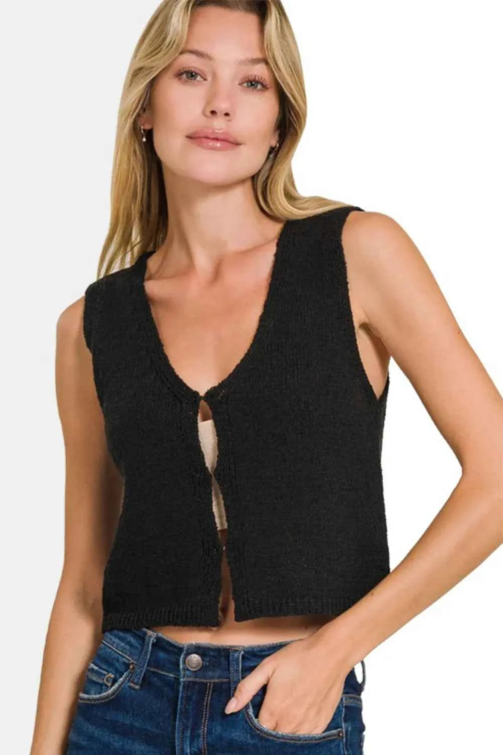 Zenana Hook and Eye Closure V-Neck Sweater Vest Black 64b82bc2-c4b8-4af4-92f3-0615233ef481-Max