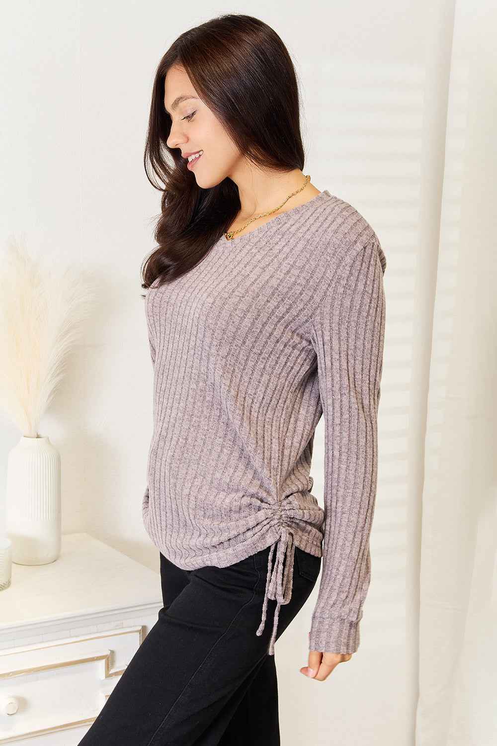 Double Take Drawstring Ribbed Long Sleeve T-Shirt 64c3850f0ae74c8ab5b89333af263998-Max