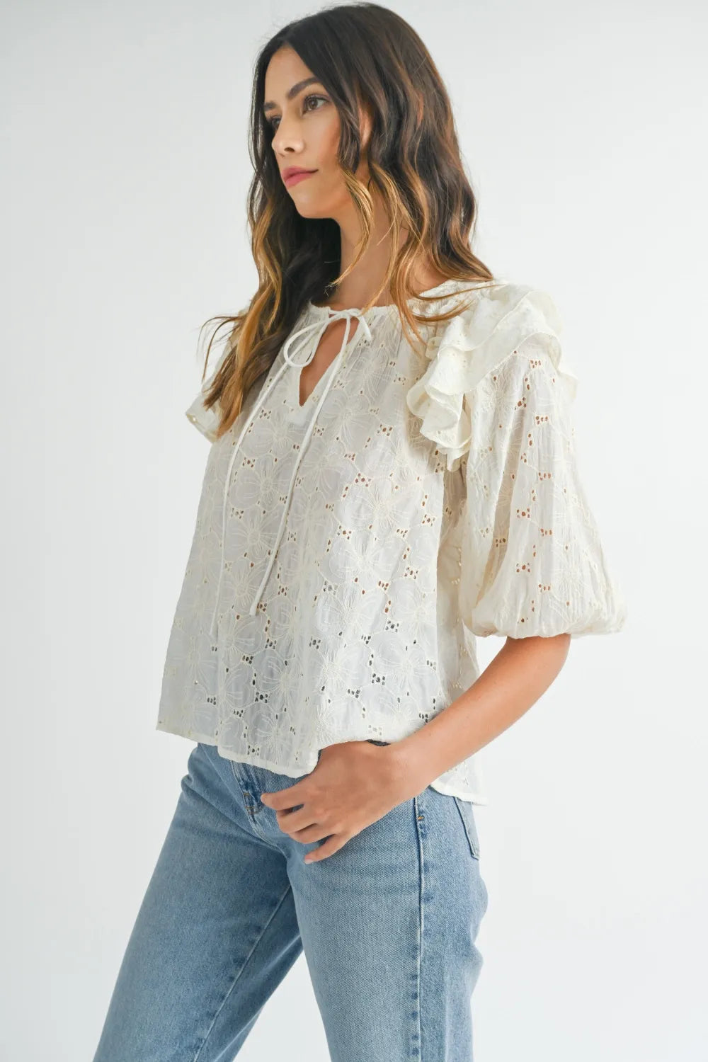 MABLE Eyelet Lace Ruffle Shoulder Puff Sleeve Blouse 64c556cb-397f-4f00-a6e5-4963b1842e12-Max