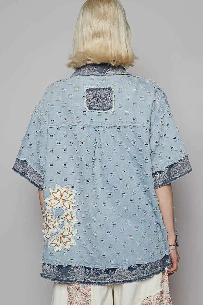 POL Distressed Button Up Half Sleeve Denim Shirt 64c9a4e9-a0b4-47ff-9bc0-4f0d772523dd-Max-Origin